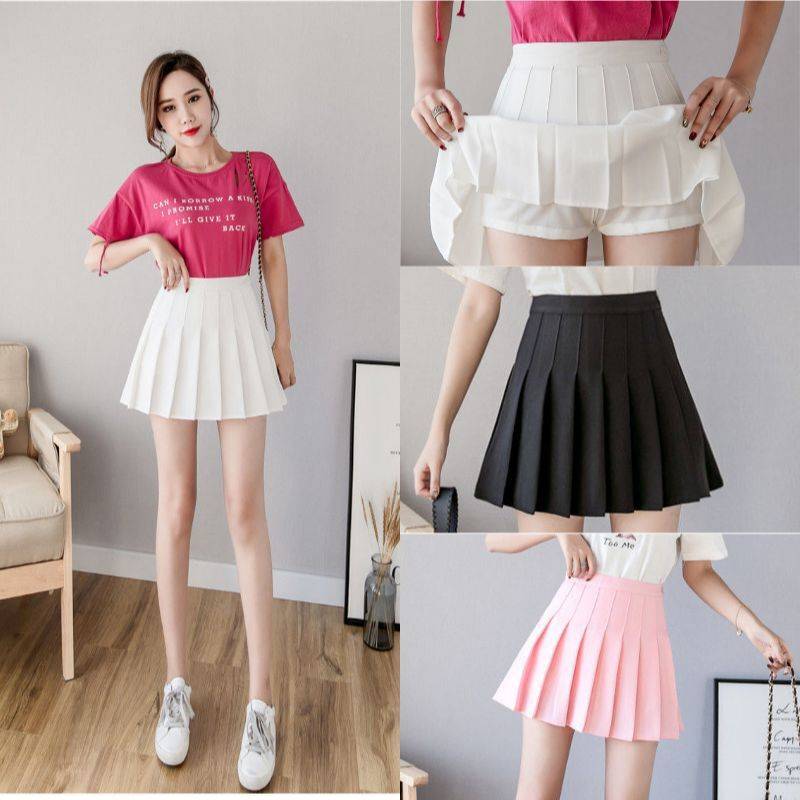 High waist pleated skirt short skirt for women autumn skirt college style Korean style solid color anti-exposure a skirt