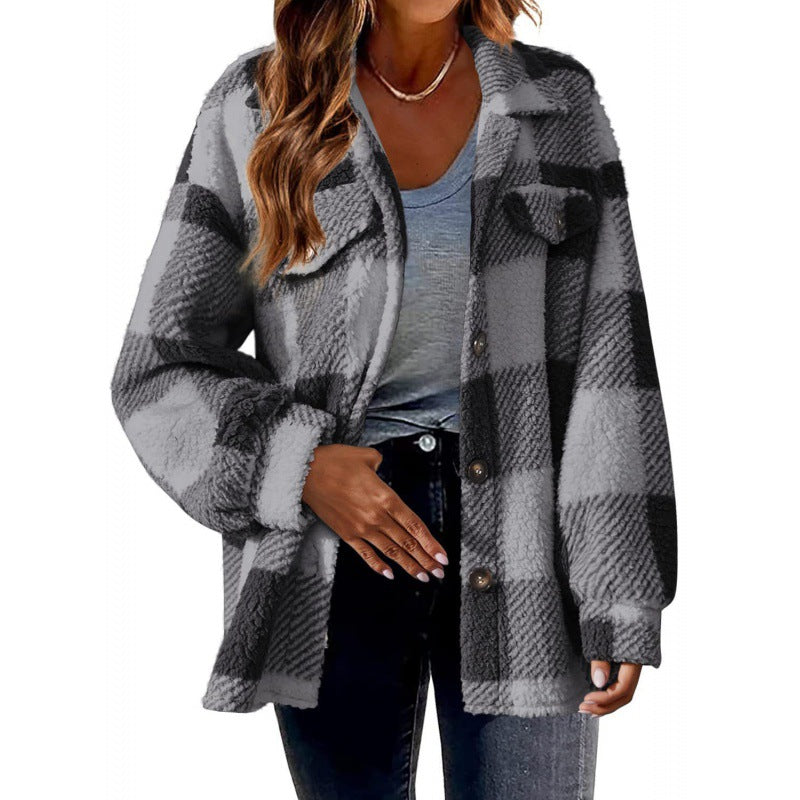 Women's 2024 new Amazon autumn and winter plaid lambskin jacket with pockets button plush coat