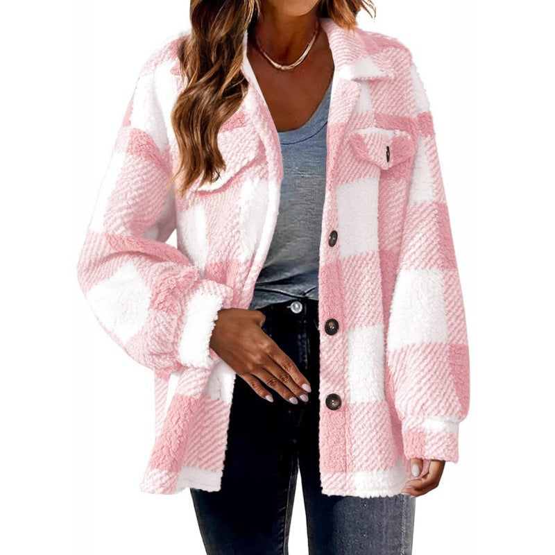 Women's 2024 new Amazon autumn and winter plaid lambskin jacket with pockets button plush coat