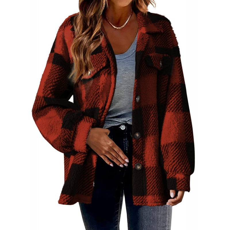 Women's 2024 new Amazon autumn and winter plaid lambskin jacket with pockets button plush coat