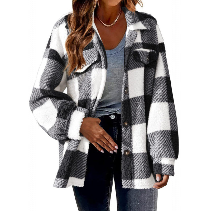 Women's 2024 new Amazon autumn and winter plaid lambskin jacket with pockets button plush coat