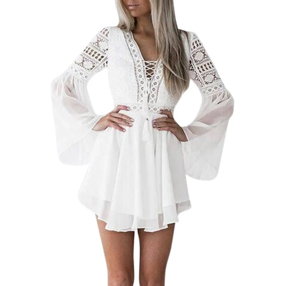 Elegant Lace White Dresses Women's V Neck Drawstring flare sleeve Chiffon Dresses Summer Beach Party Sundress Casual dress