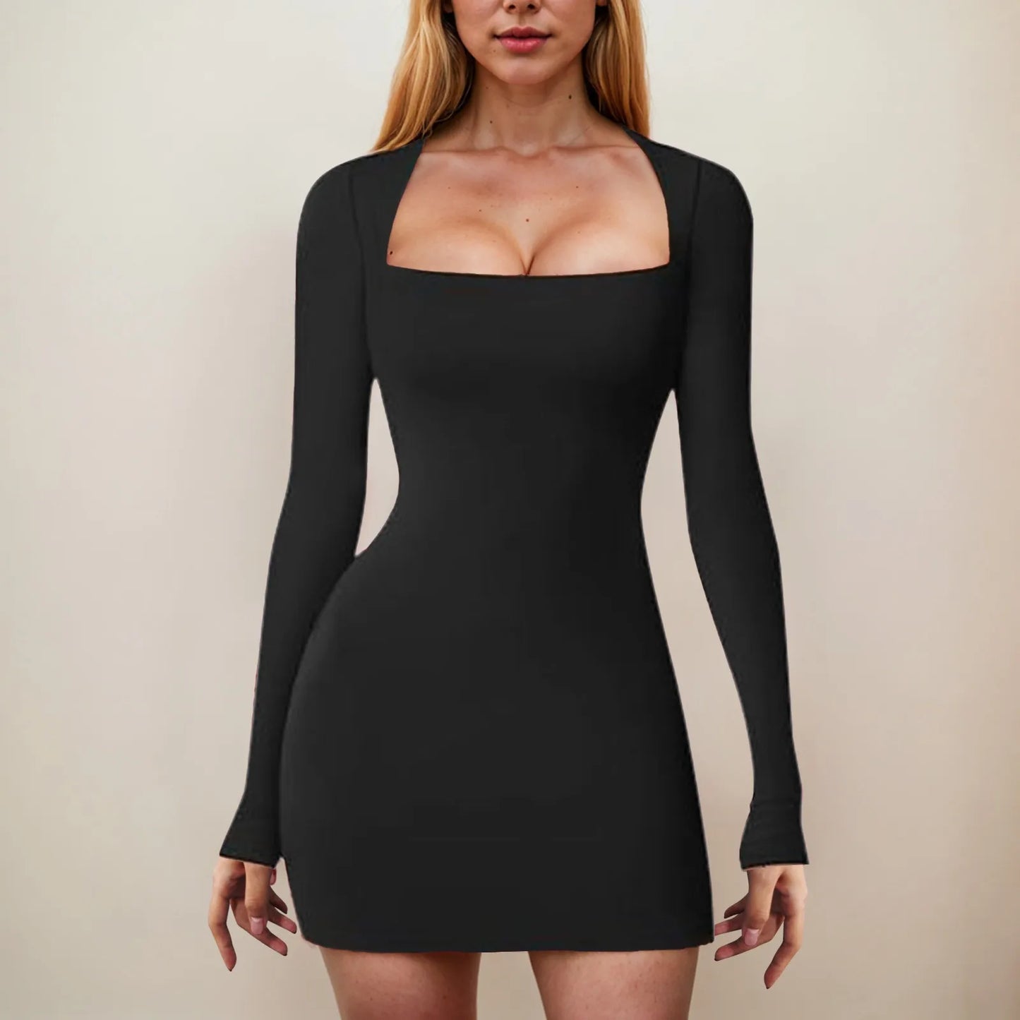 Women Long Sleeve Square Neck Wrap Hip Dress Sexy Low Cut Bodycon Tight Party Club Night Short Dress Going Out Outfits Dress