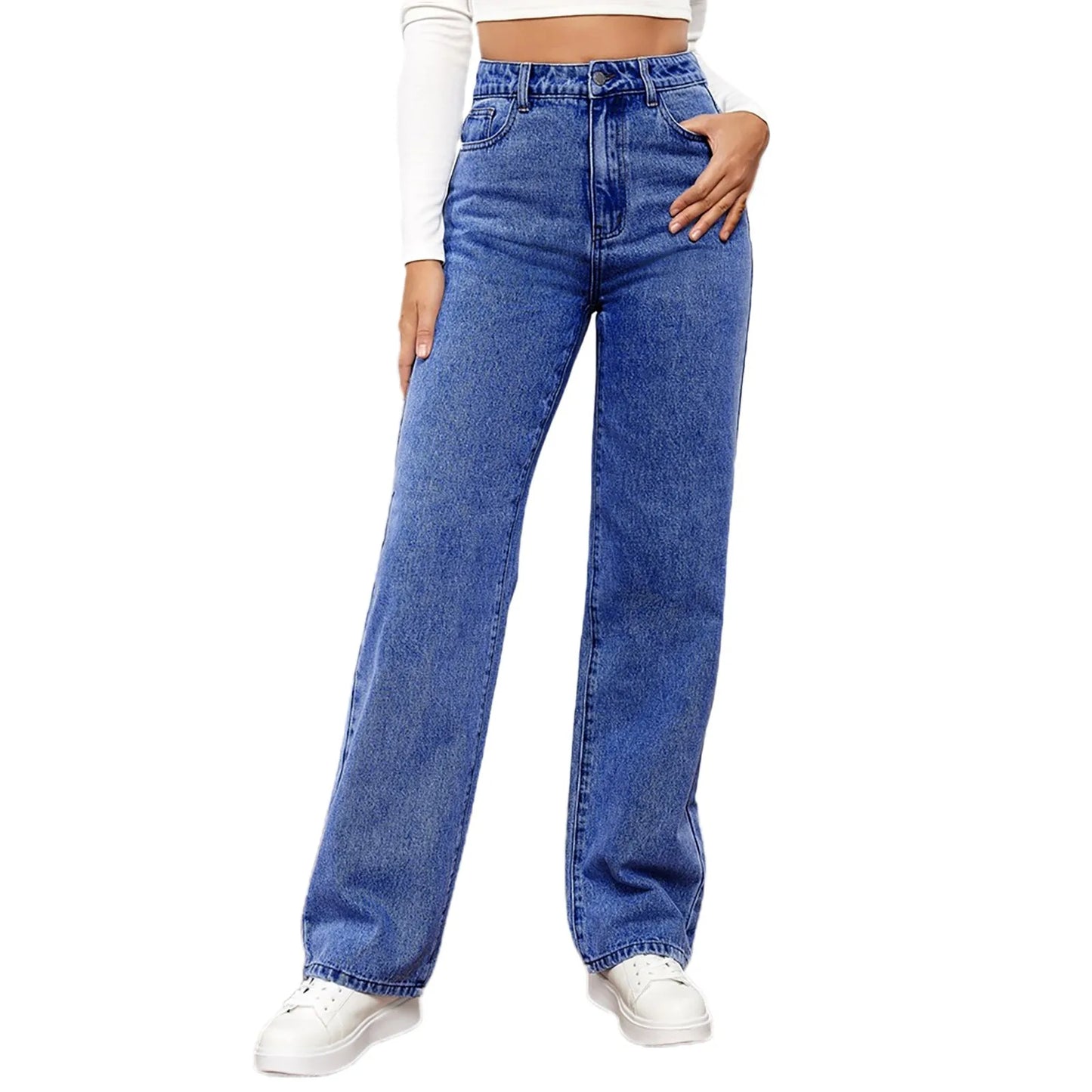 Women Fashion Straight Leg Jeans Loose Button Pocket Washed Denim Pants High Waist Stretchy Denim Trousers 2024 Female Clothes