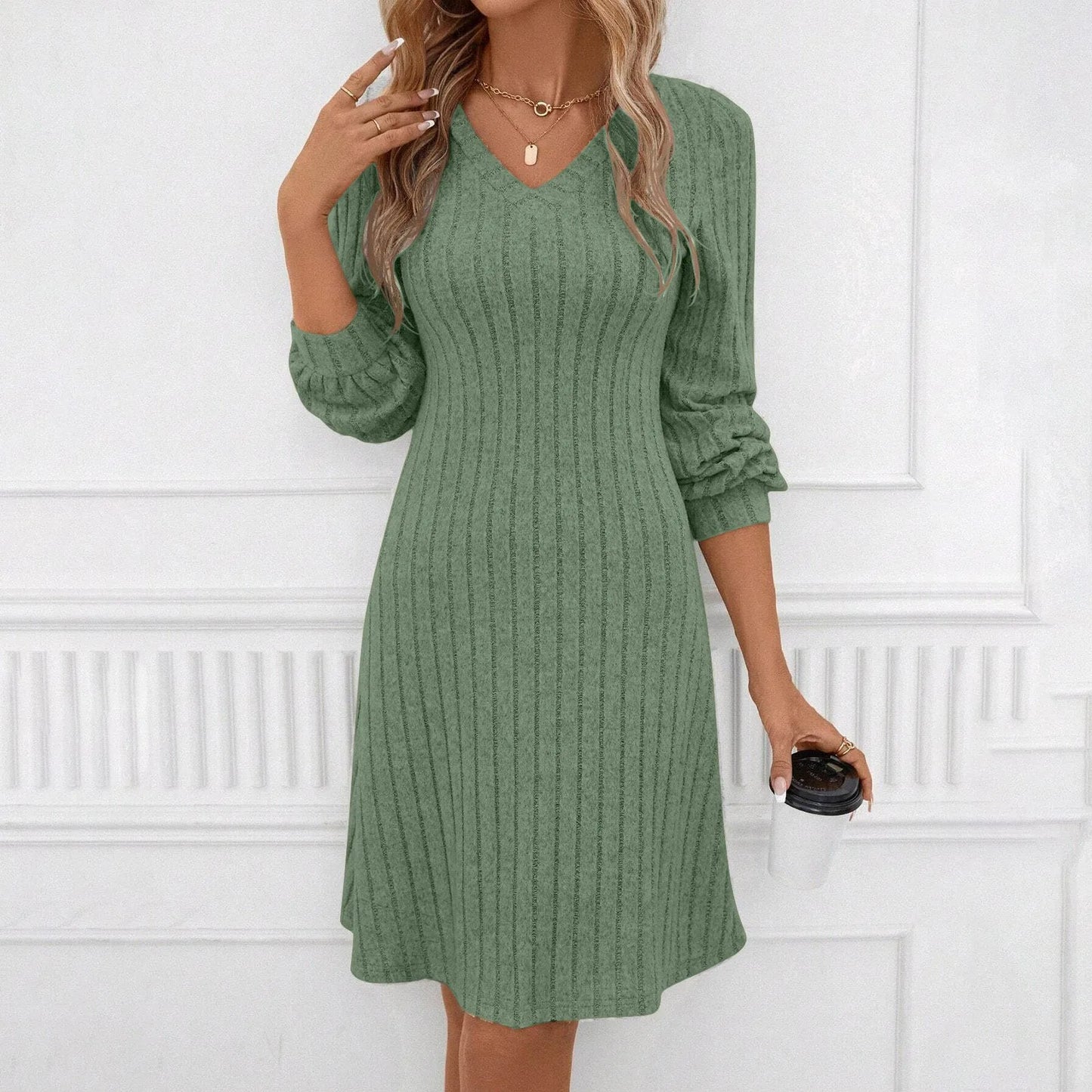 Sweater Dresses For Womens V Neck Fall Winter Temperament Dress Casual Fashion Solid Color Long Sleeve Party Clothes For Women