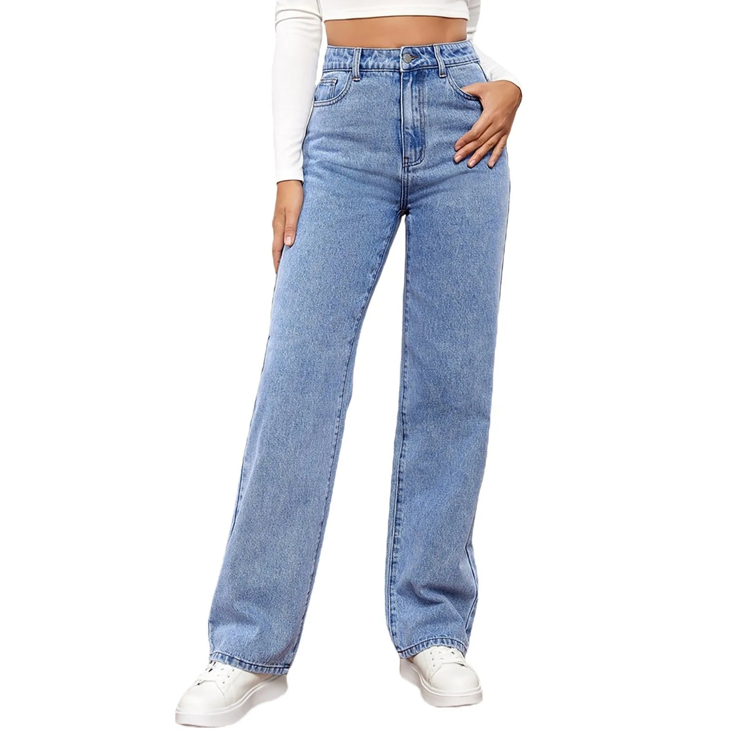 Women Fashion Straight Leg Jeans Loose Button Pocket Washed Denim Pants High Waist Stretchy Denim Trousers 2024 Female Clothes