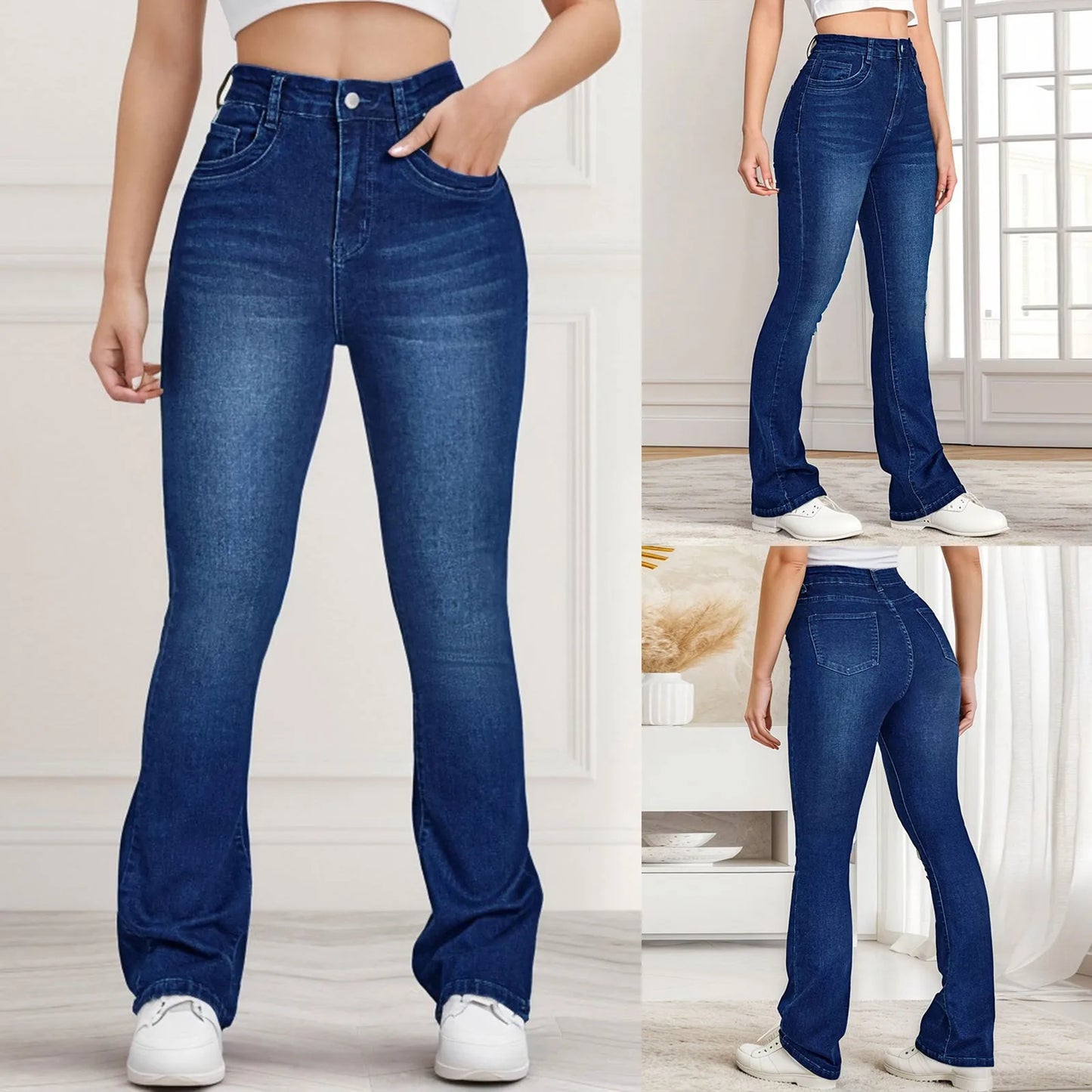 Women'S Loose Denim Pants With Pocket Wide Leg Jeans High Waisted Stretchy Straight Leg Jeans Buttoned Trousers Pantalones