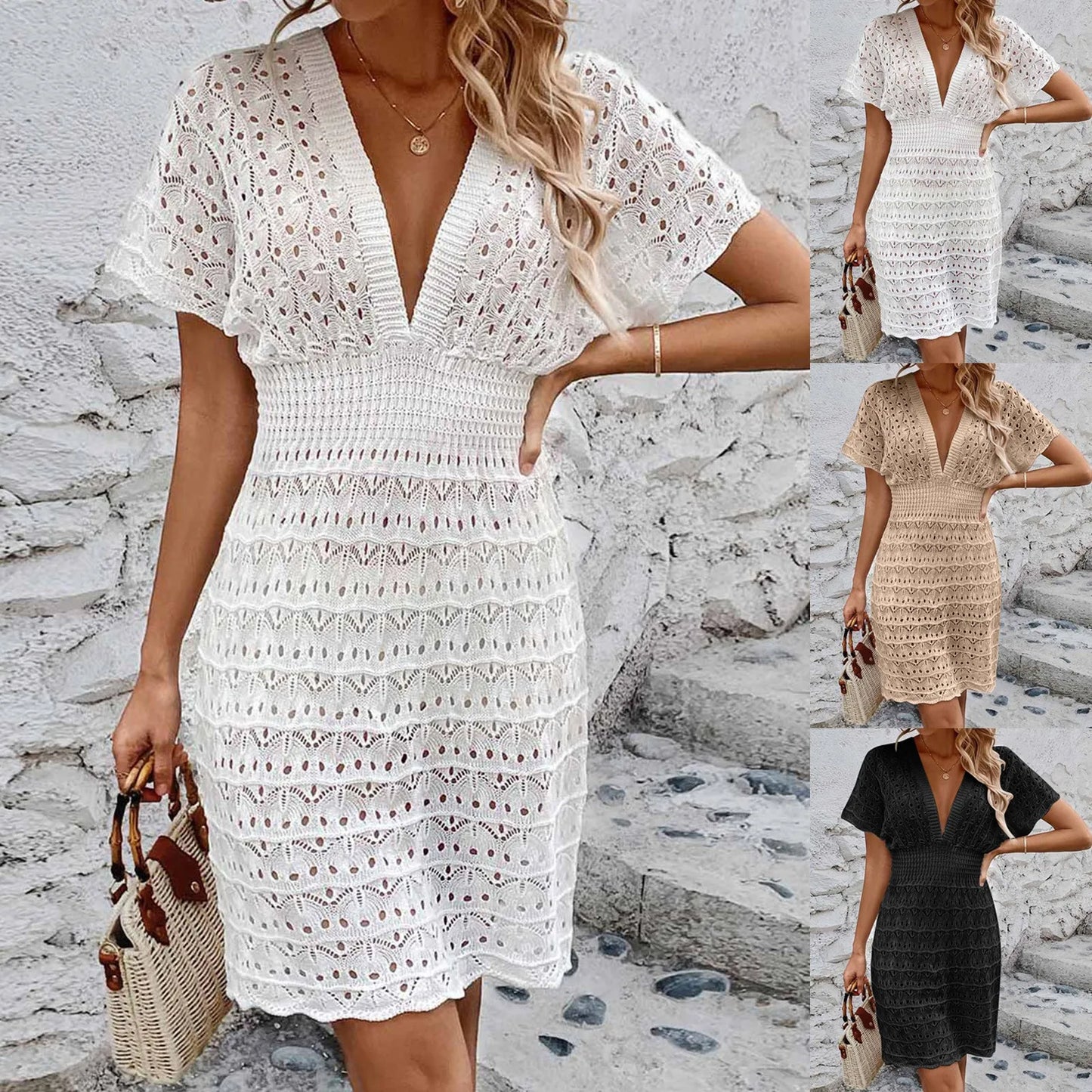 Womens Boho Summer Dresses Deep V Neck Short Sleeve Beach Dress