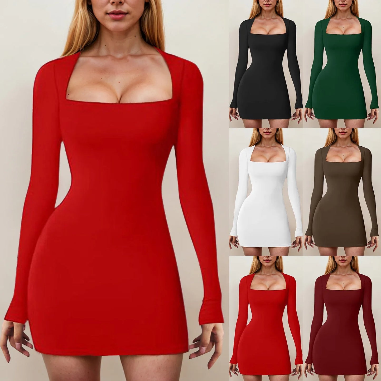 Women Long Sleeve Square Neck Wrap Hip Dress Sexy Low Cut Bodycon Tight Party Club Night Short Dress Going Out Outfits Dress