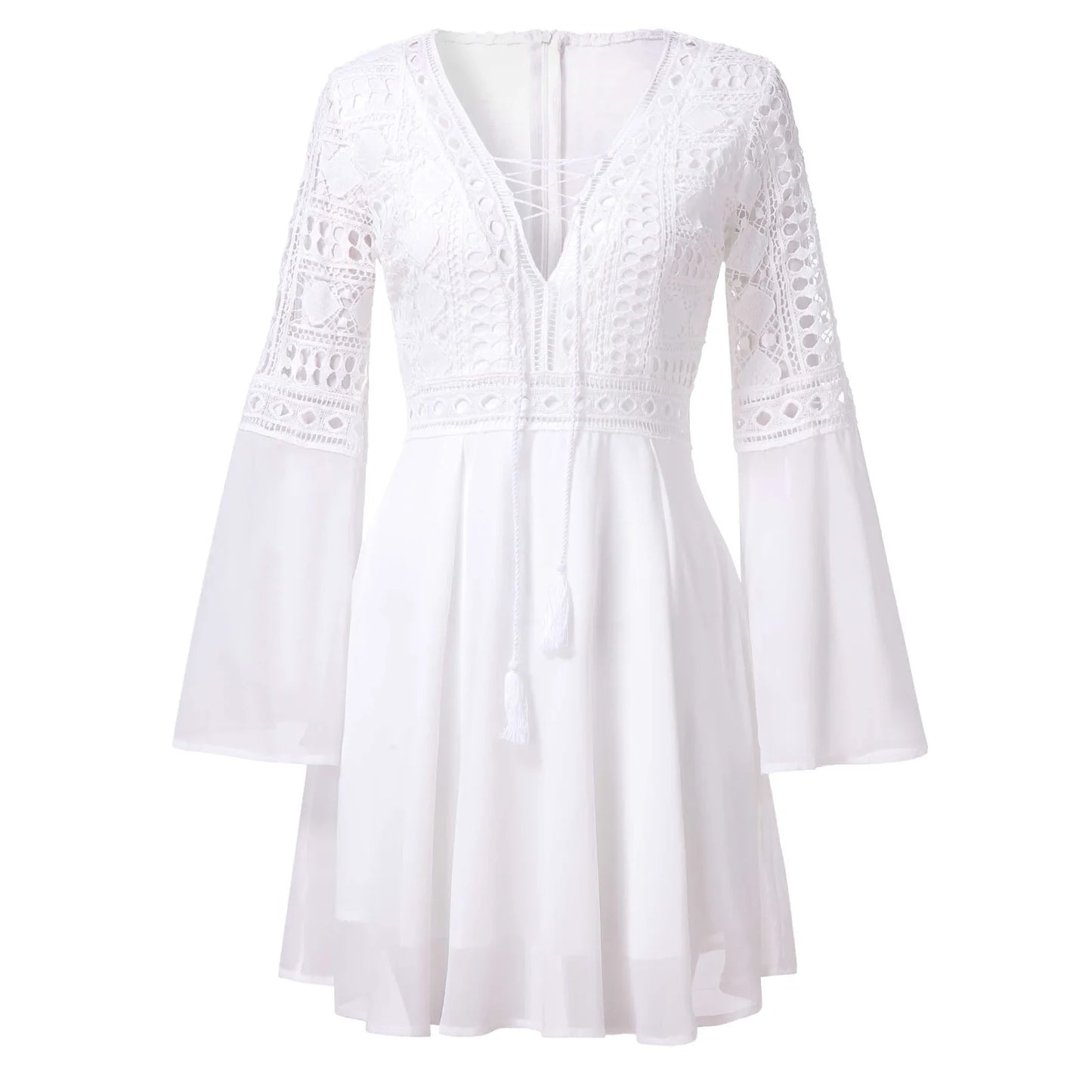 Elegant Lace White Dresses Women's V Neck Drawstring flare sleeve Chiffon Dresses Summer Beach Party Sundress Casual dress