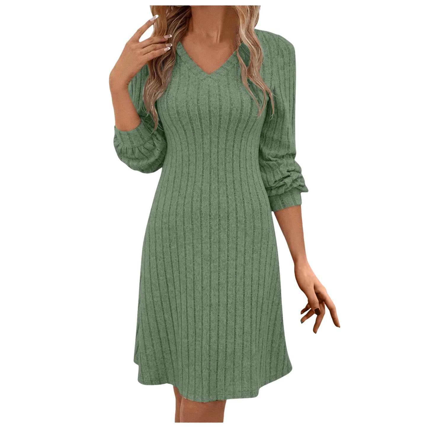 Sweater Dresses For Womens V Neck Fall Winter Temperament Dress Casual Fashion Solid Color Long Sleeve Party Clothes For Women