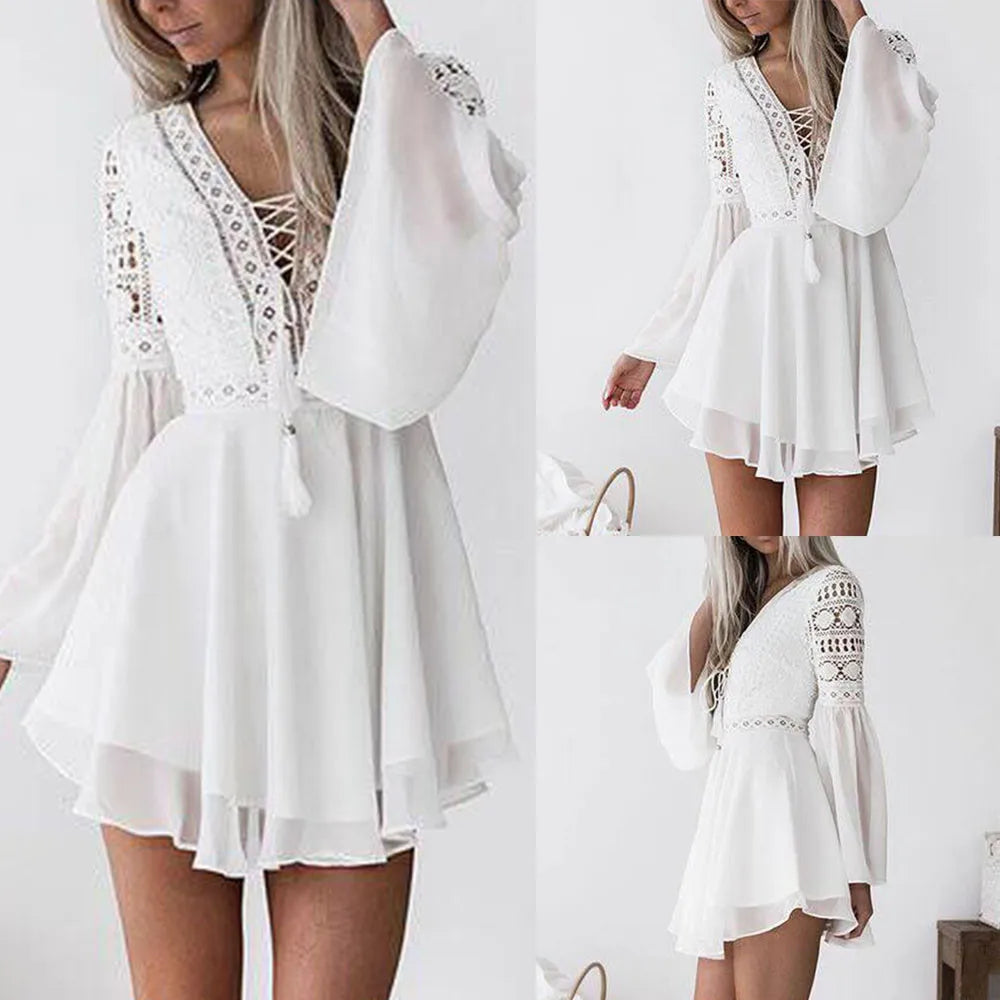 Elegant Lace White Dresses Women's V Neck Drawstring flare sleeve Chiffon Dresses Summer Beach Party Sundress Casual dress