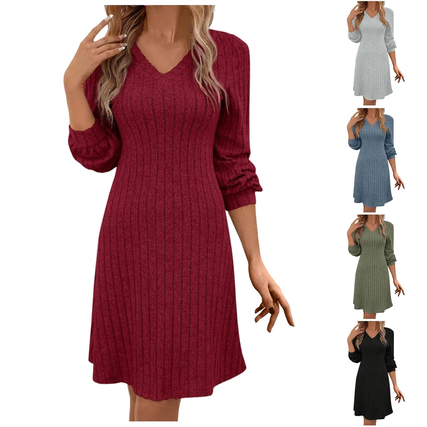 Sweater Dresses For Womens V Neck Fall Winter Temperament Dress Casual Fashion Solid Color Long Sleeve Party Clothes For Women