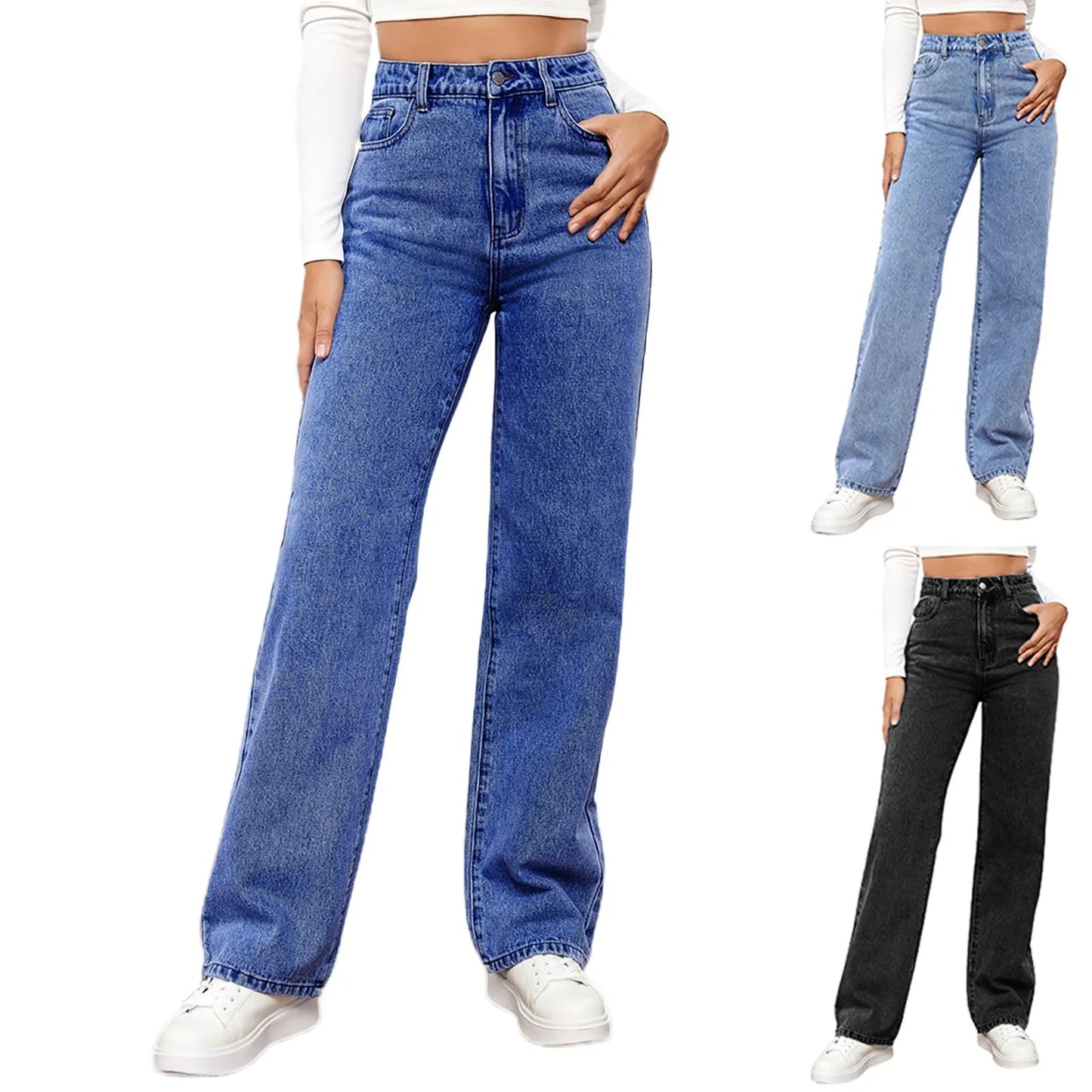 Women Fashion Straight Leg Jeans Loose Button Pocket Washed Denim Pants High Waist Stretchy Denim Trousers 2024 Female Clothes