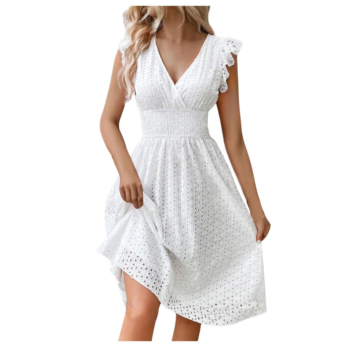 Women White V-Neck Beach Dress Solid Summer A-Line Half Sleeve Shirt Dress Casual Loose Pocket Sundress Holiday Baggy Long Robe