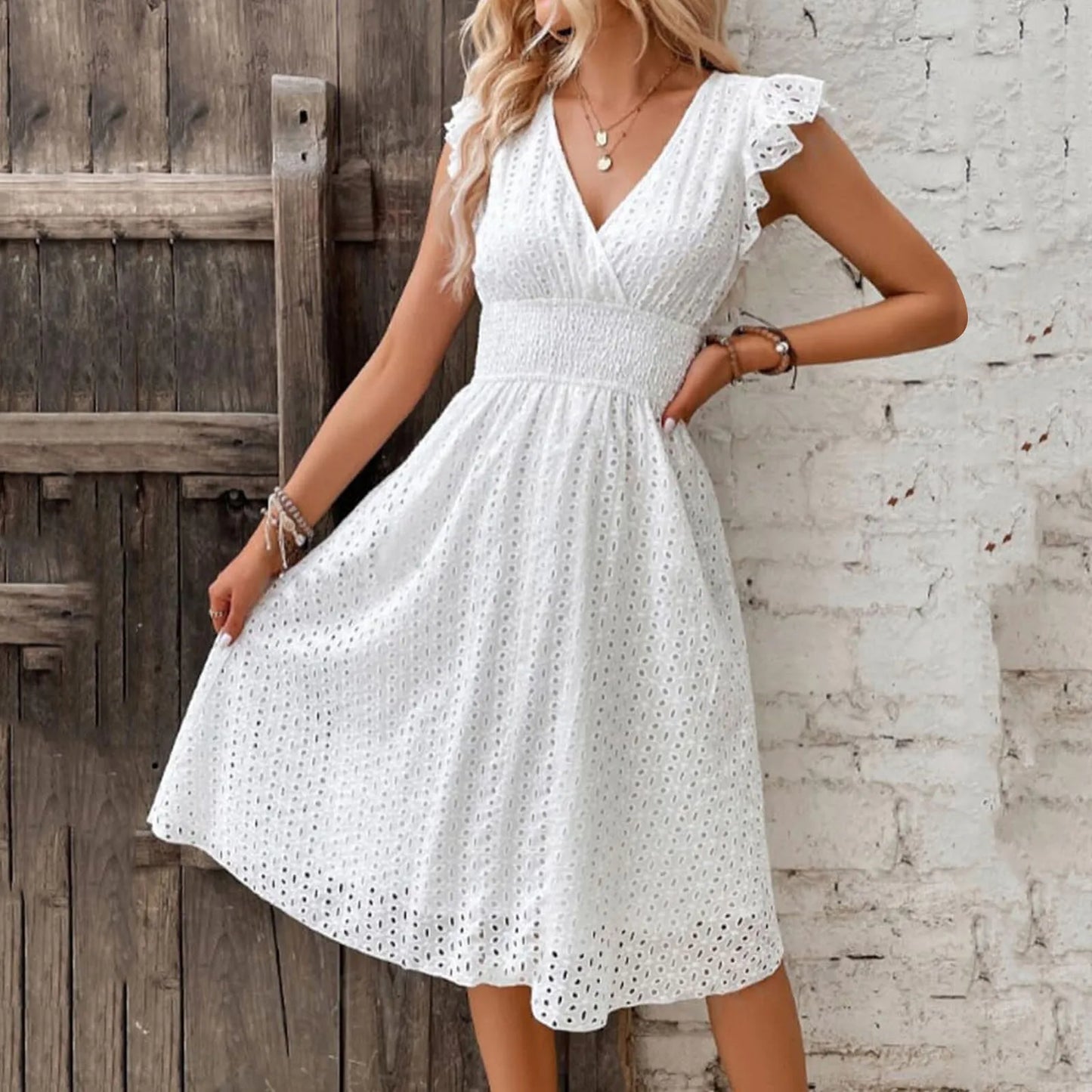 Women White V-Neck Beach Dress Solid Summer A-Line Half Sleeve Shirt Dress Casual Loose Pocket Sundress Holiday Baggy Long Robe