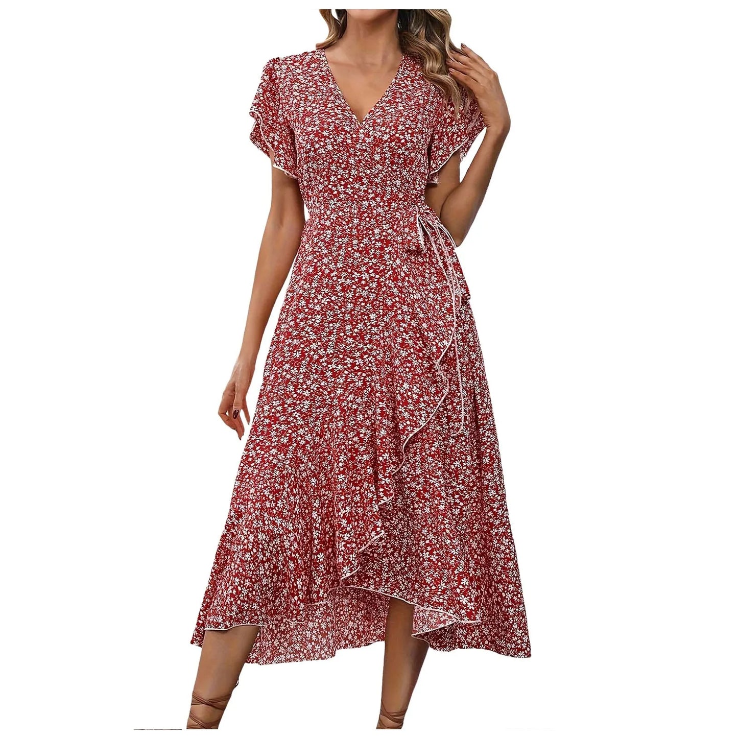 Women's Flowy Split Midi Floral Wrap Dress Summer