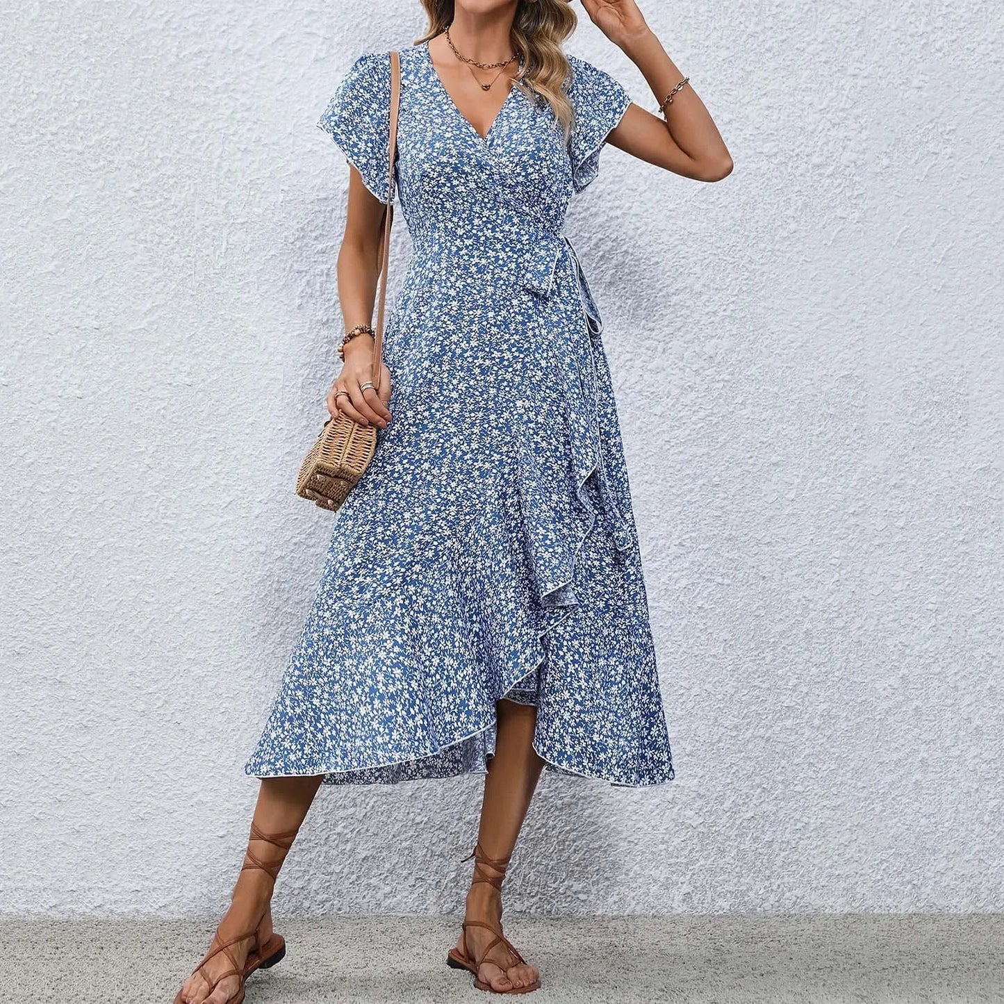 Women's Flowy Split Midi Floral Wrap Dress Summer