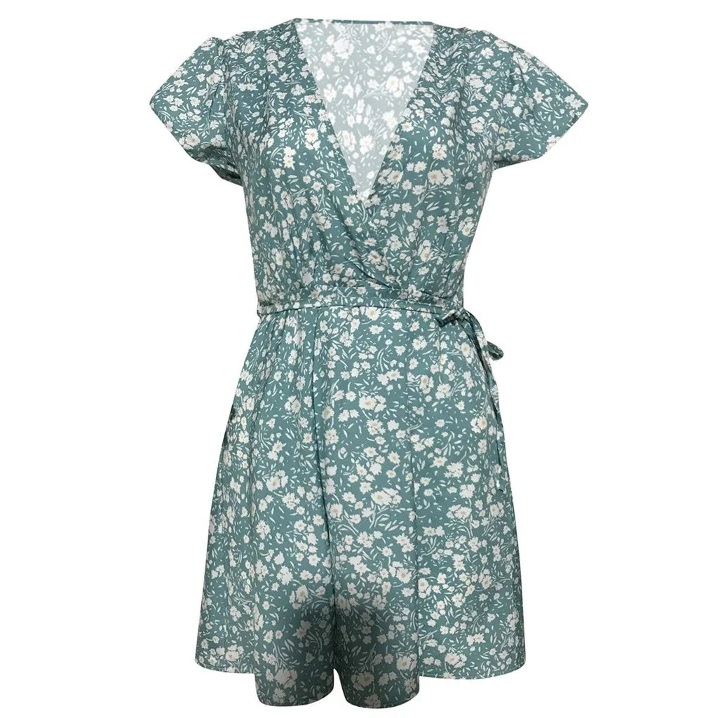 Dresses For Women Outfits Summer Tie Sexy Floral Print Dresses Up Swing Deep Beach Ruffle Mini Dress Women'S Dresses 2024