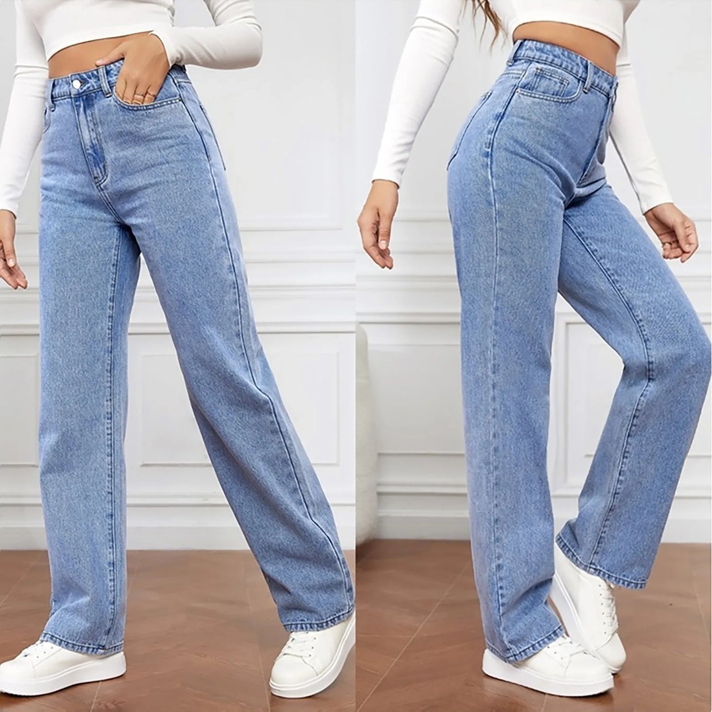 Women Fashion Straight Leg Jeans Loose Button Pocket Washed Denim Pants High Waist Stretchy Denim Trousers 2024 Female Clothes