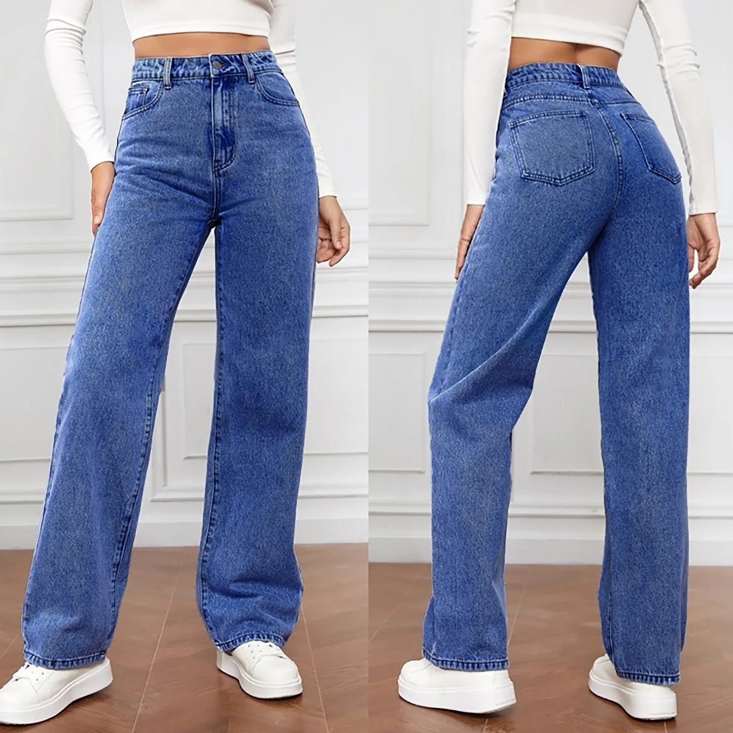 Women Fashion Straight Leg Jeans Loose Button Pocket Washed Denim Pants High Waist Stretchy Denim Trousers 2024 Female Clothes