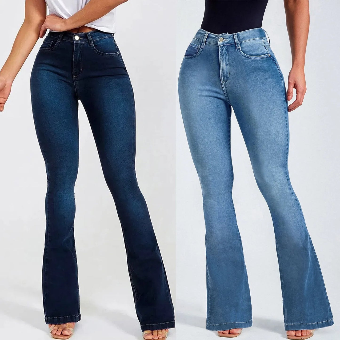 Vintage Flare Bottoms Jeans High Waist Women Skinny Boot Casual Mid Waist Pants Trousers Pockets Classic Denim Jeans Flare Pants