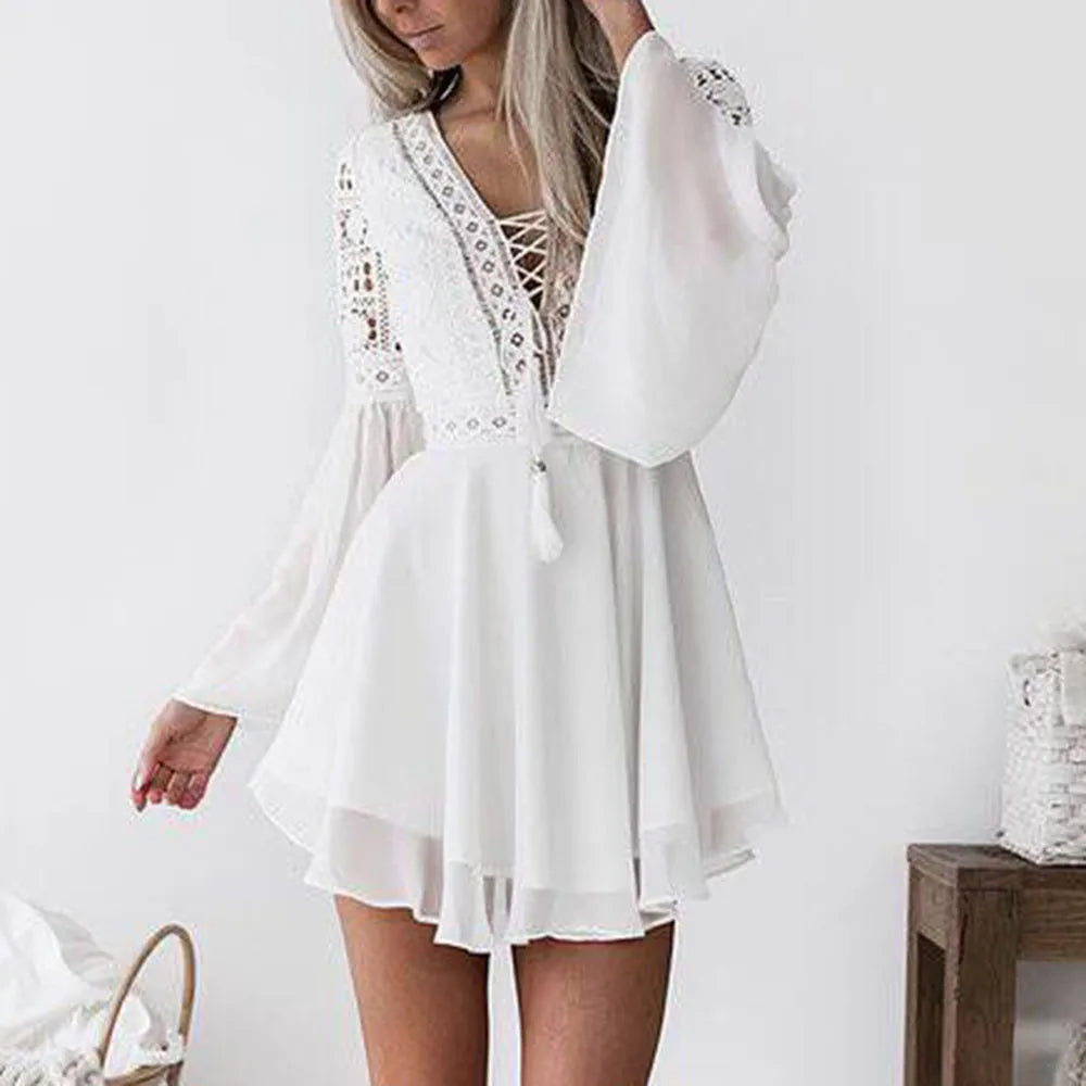 Elegant Lace White Dresses Women's V Neck Drawstring flare sleeve Chiffon Dresses Summer Beach Party Sundress Casual dress