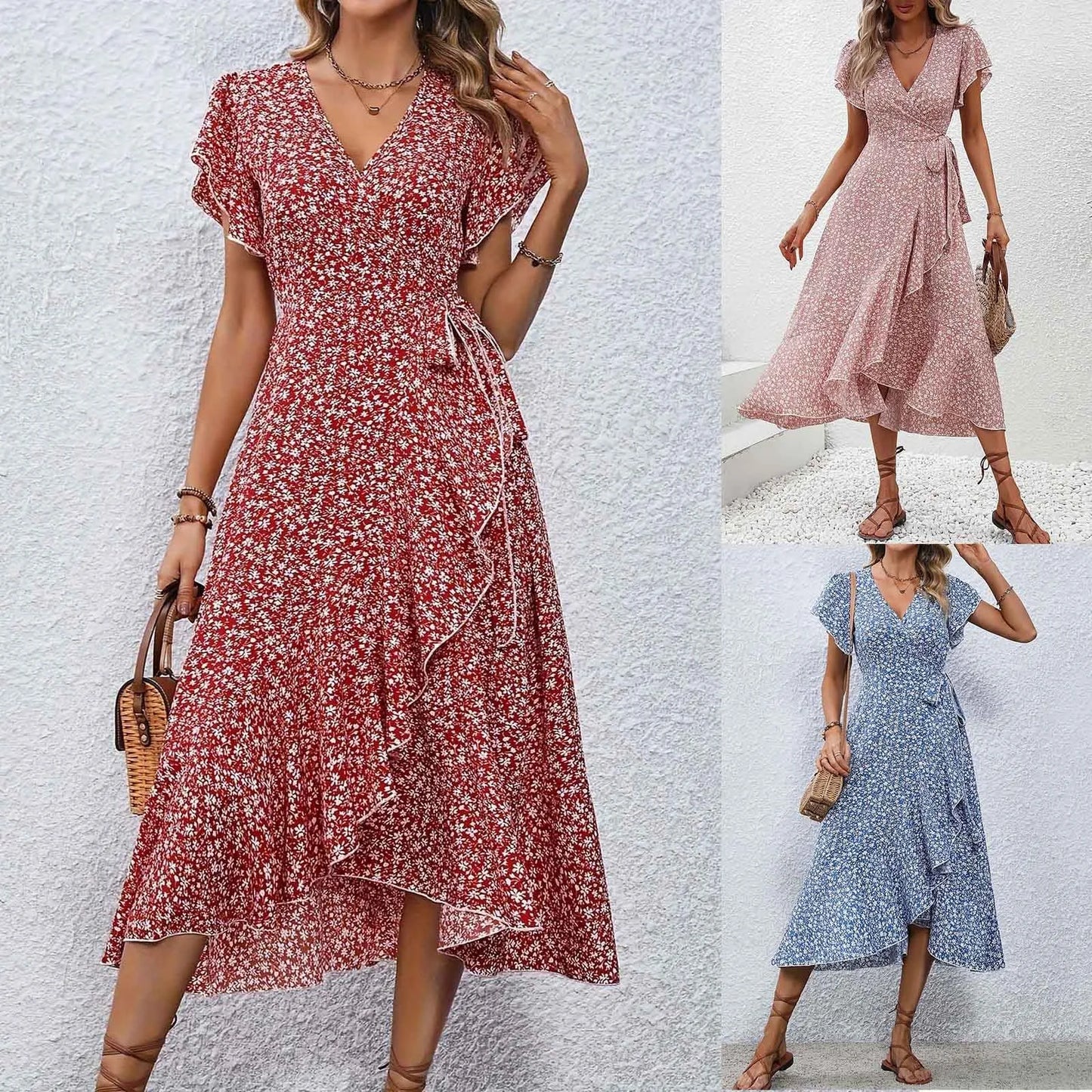 Women's Flowy Split Midi Floral Wrap Dress Summer