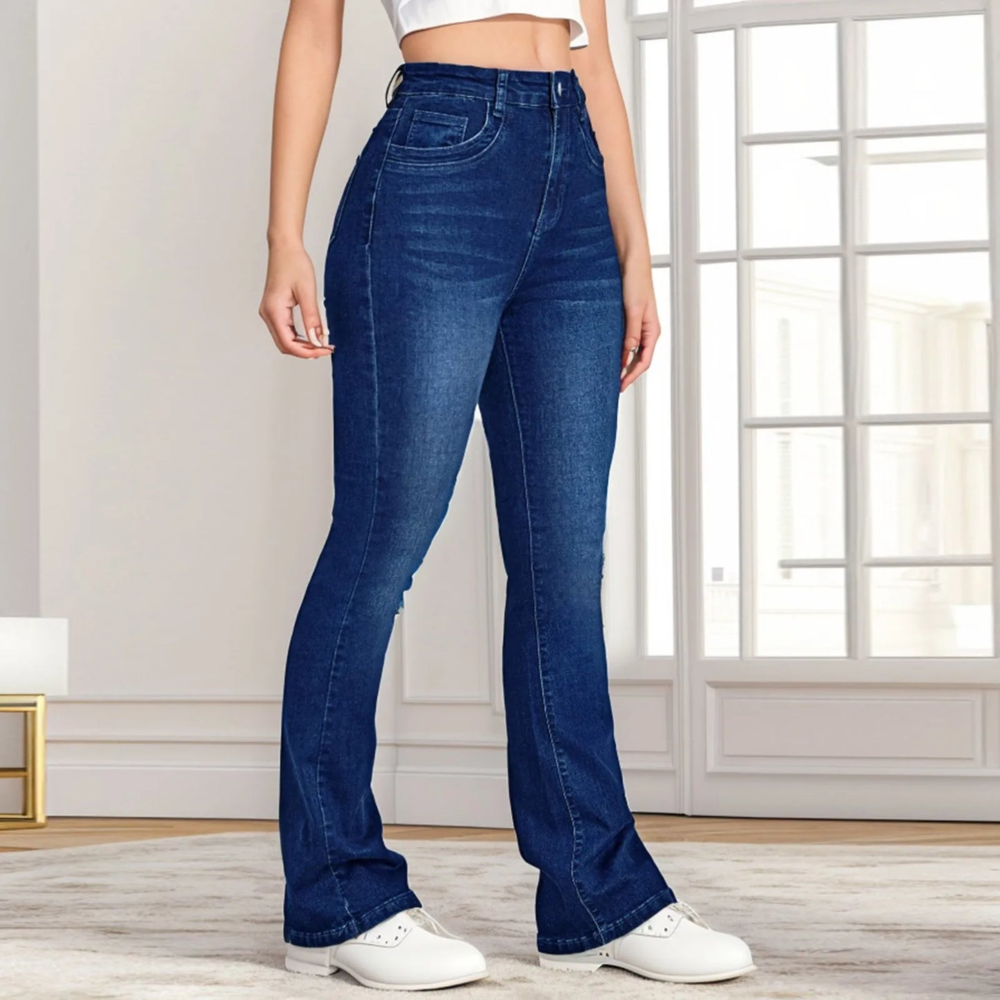 Women'S Loose Denim Pants With Pocket Wide Leg Jeans High Waisted Stretchy Straight Leg Jeans Buttoned Trousers Pantalones