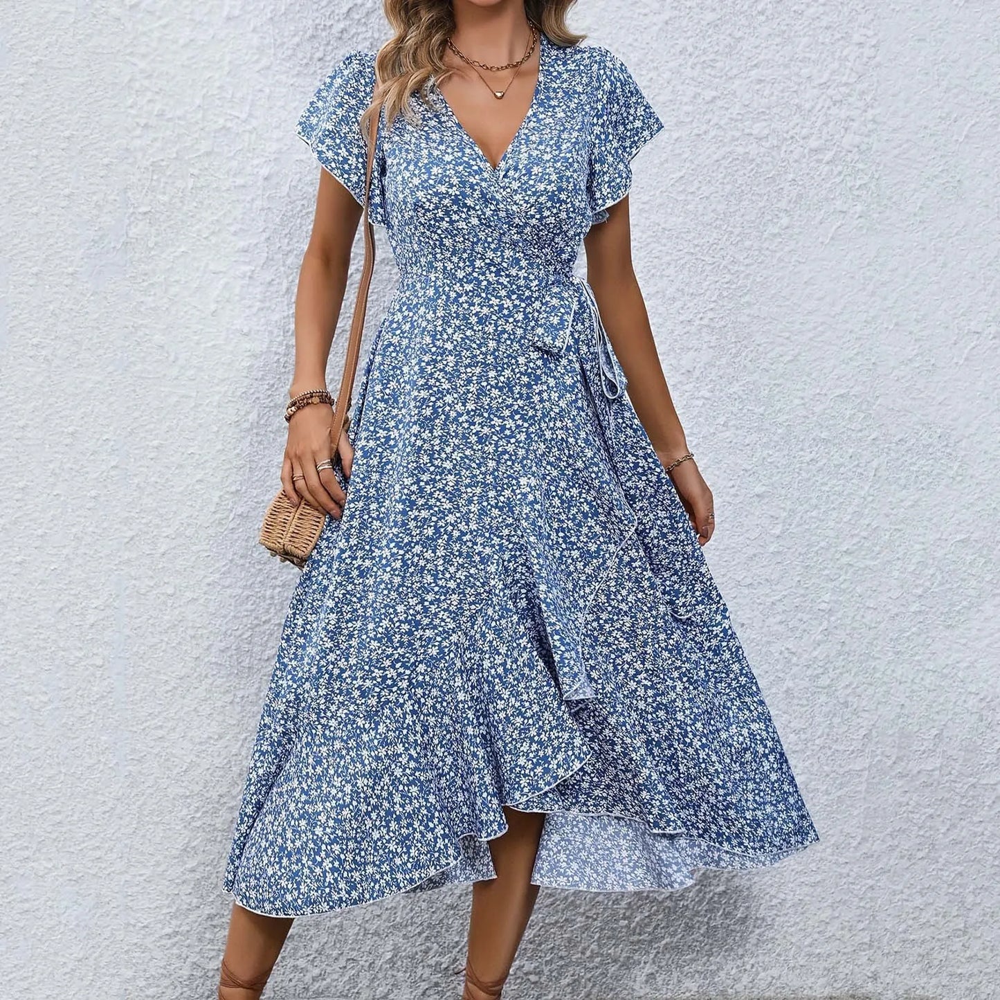 Women's Flowy Split Midi Floral Wrap Dress Summer