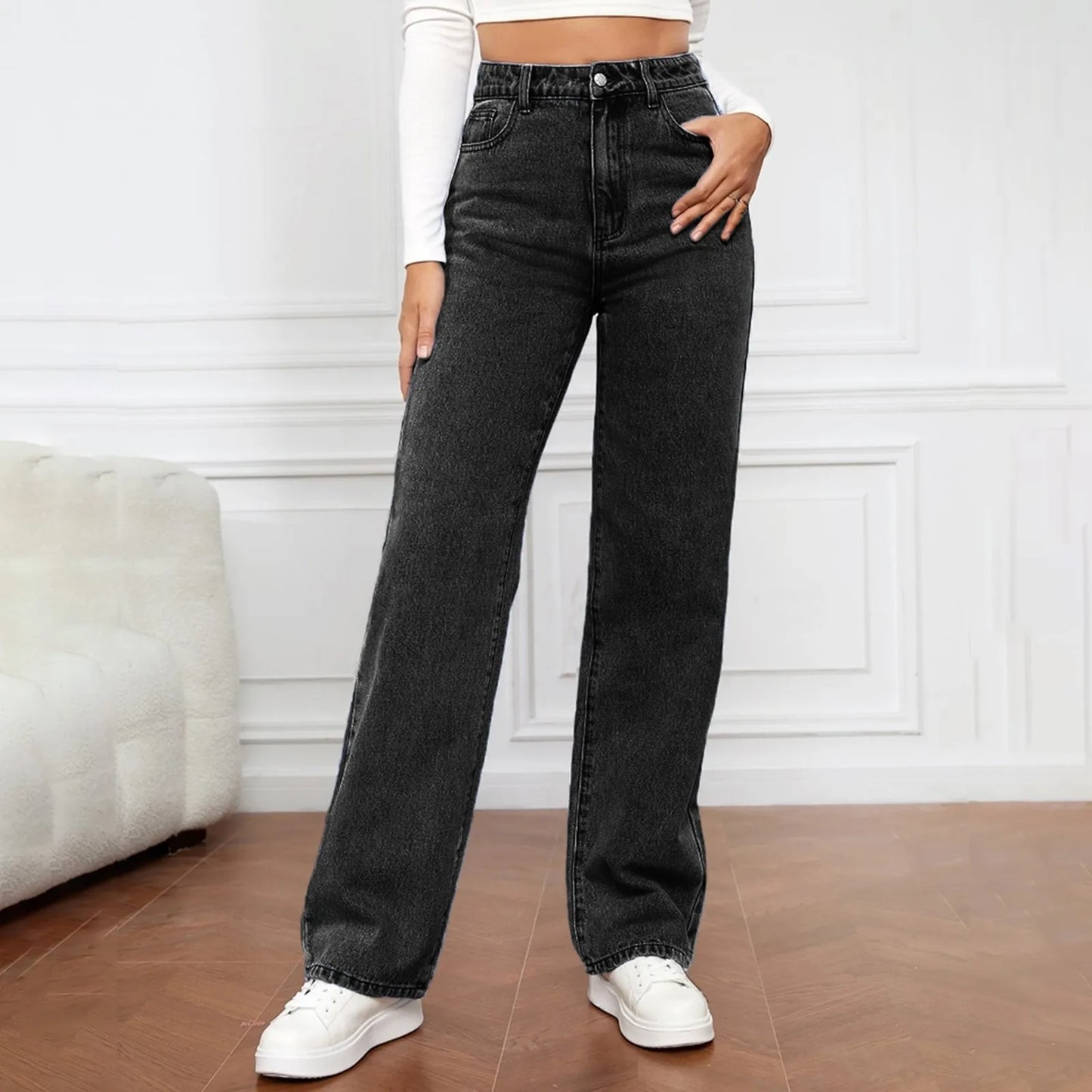 Women Fashion Straight Leg Jeans Loose Button Pocket Washed Denim Pants High Waist Stretchy Denim Trousers 2024 Female Clothes