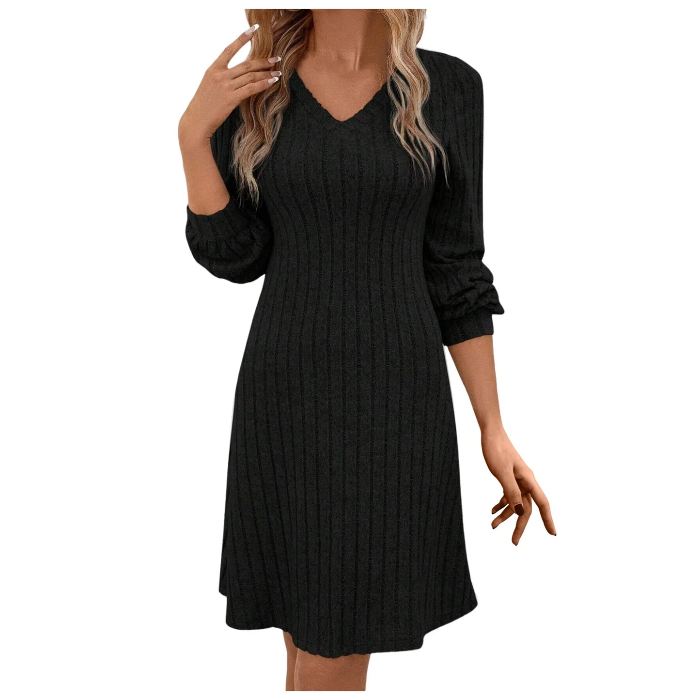 Sweater Dresses For Womens V Neck Fall Winter Temperament Dress Casual Fashion Solid Color Long Sleeve Party Clothes For Women