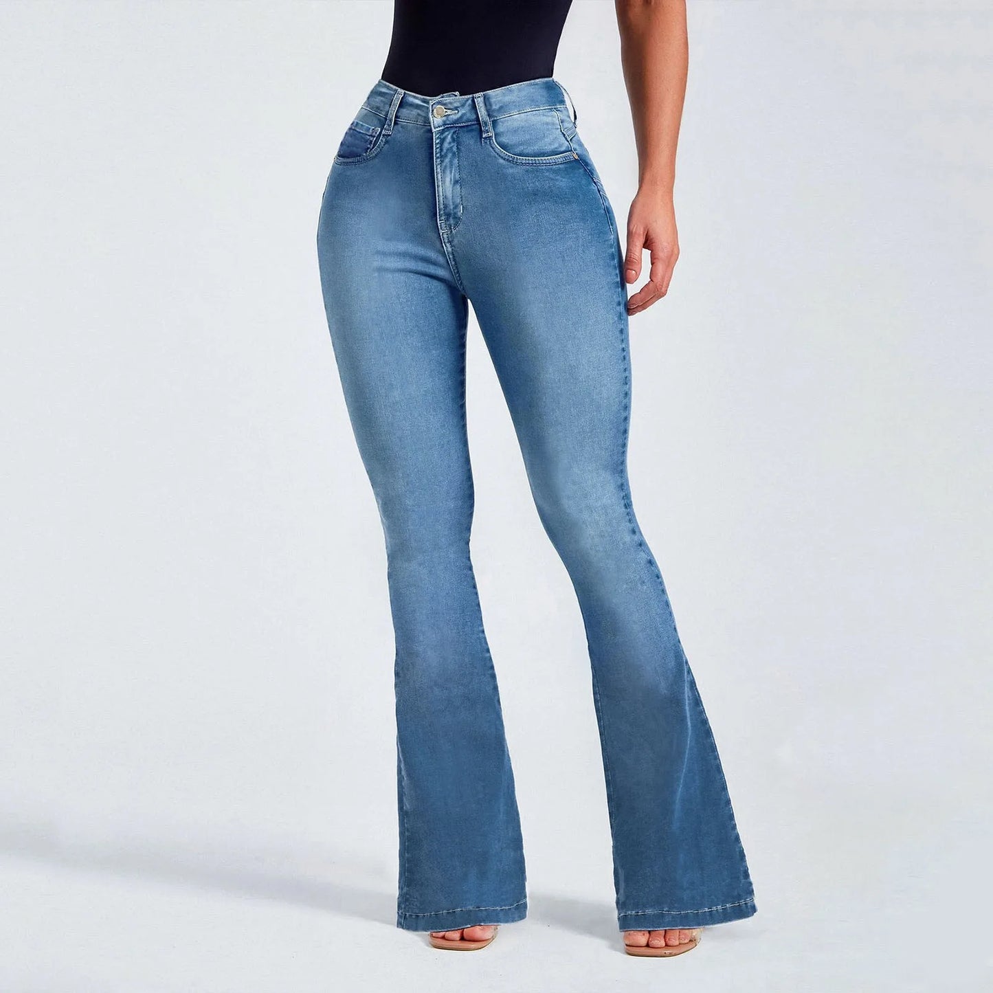 Vintage Flare Bottoms Jeans High Waist Women Skinny Boot Casual Mid Waist Pants Trousers Pockets Classic Denim Jeans Flare Pants