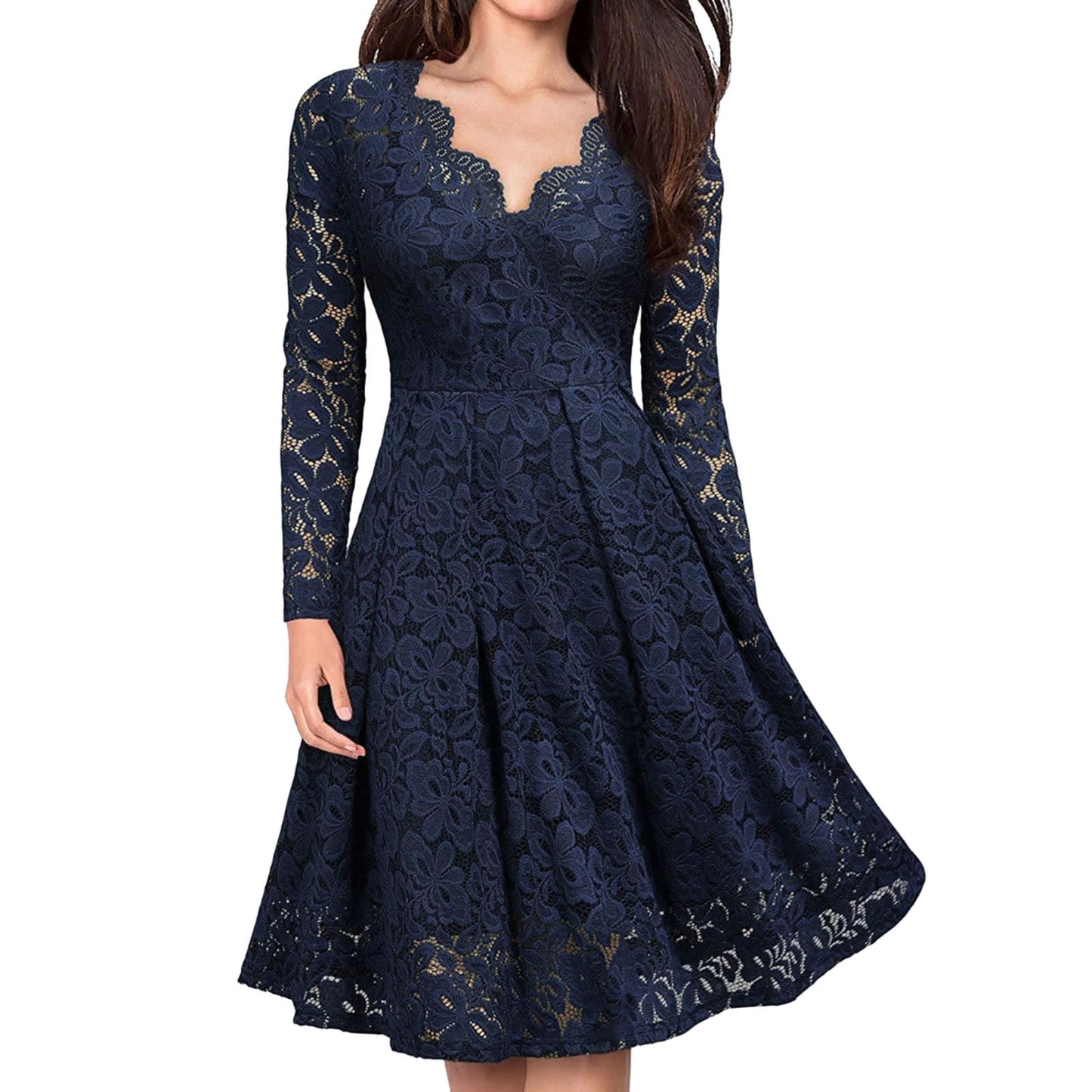 Long Sleeves Slim Knee Length Dress Solid V Neck Lace Dress Evening Party Dress Ladies Birthday Night Club Outfits Vestidos