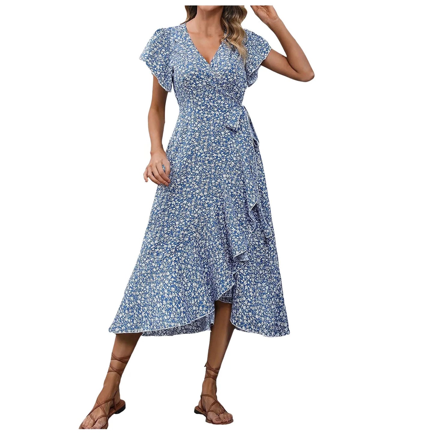 Women's Flowy Split Midi Floral Wrap Dress Summer