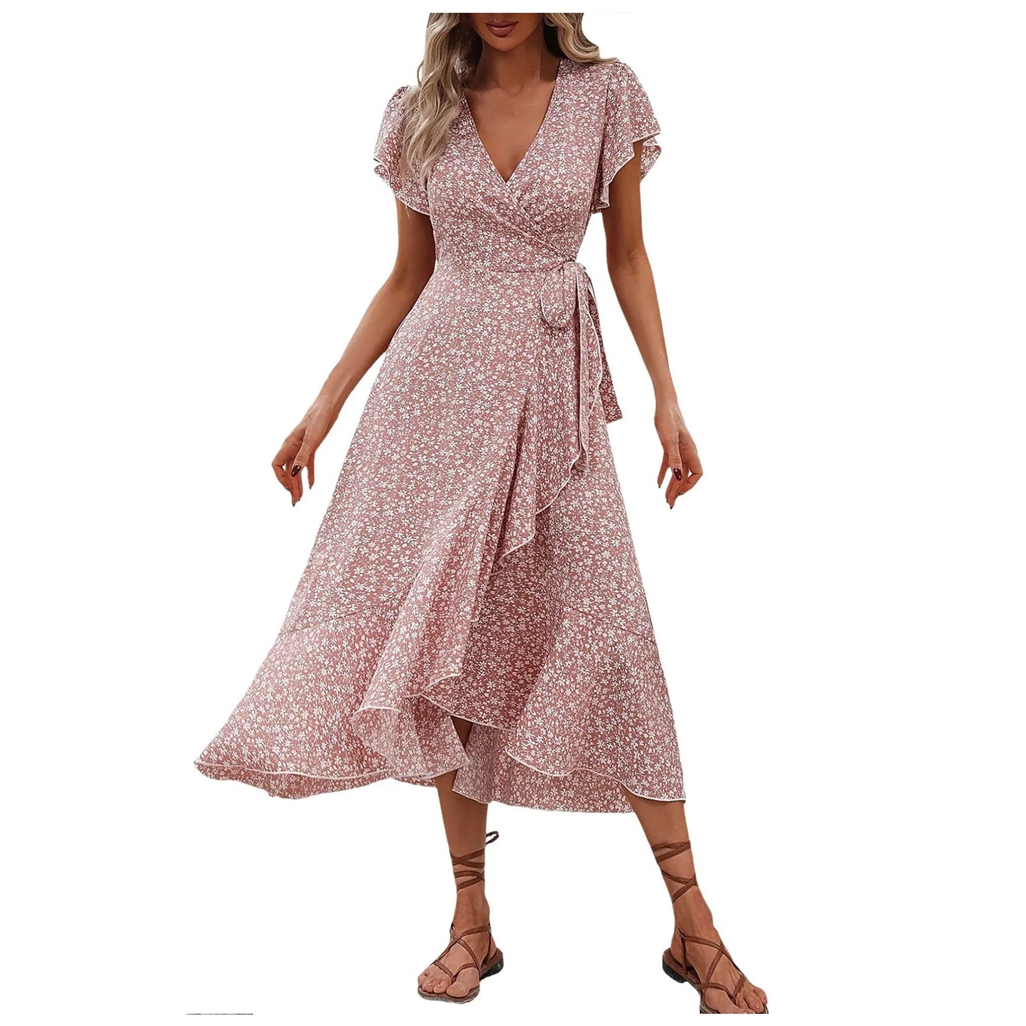 Women's Flowy Split Midi Floral Wrap Dress Summer