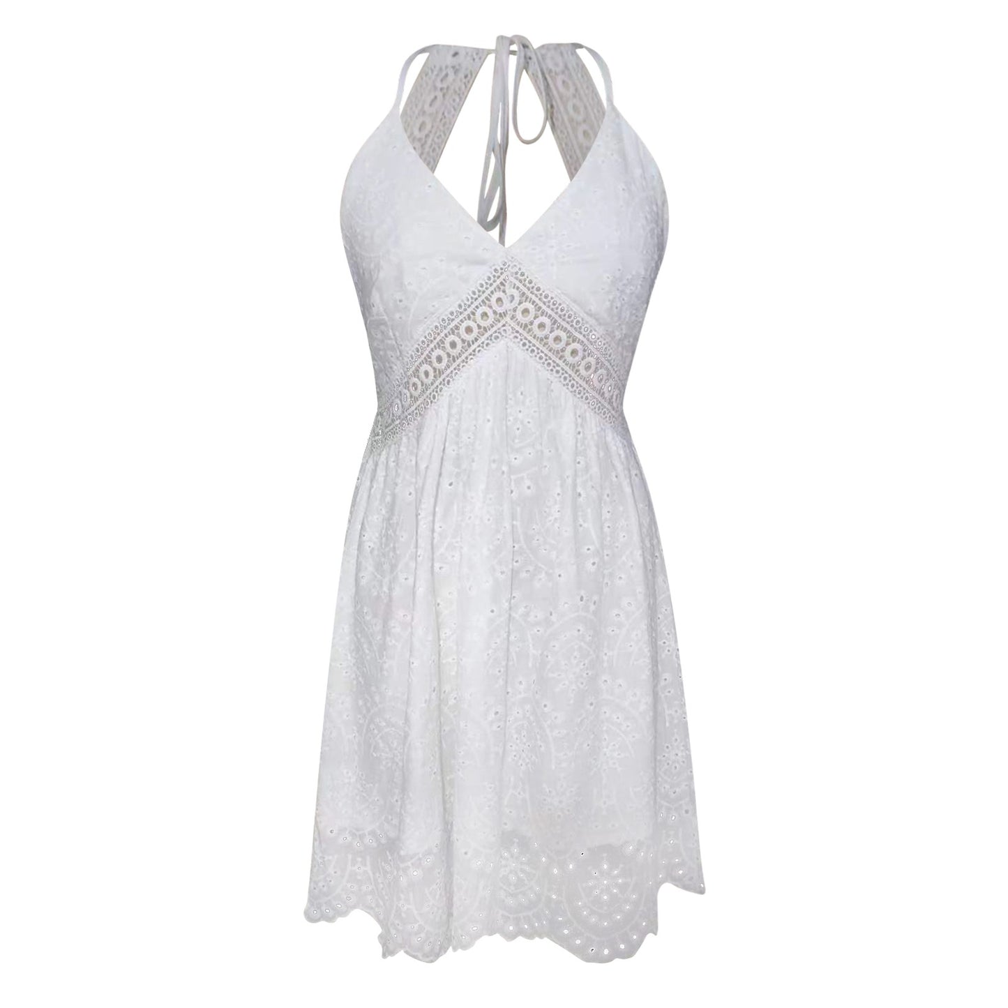 Women's White Dress Lace V Neck Spaghetti Strap Dress Embroidery Hollow Lace Lace Up Dress Summer Bohemian Beach Sundress Robe