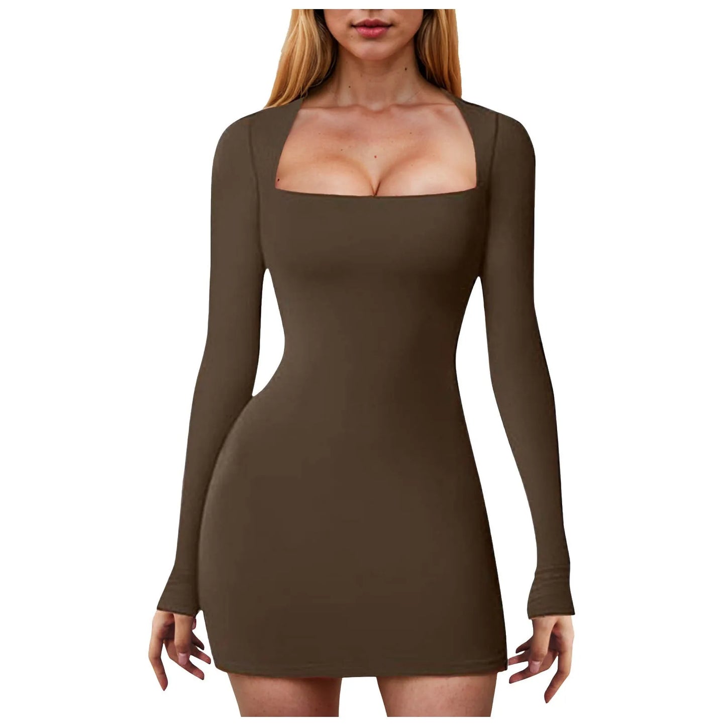 Women Long Sleeve Square Neck Wrap Hip Dress Sexy Low Cut Bodycon Tight Party Club Night Short Dress Going Out Outfits Dress