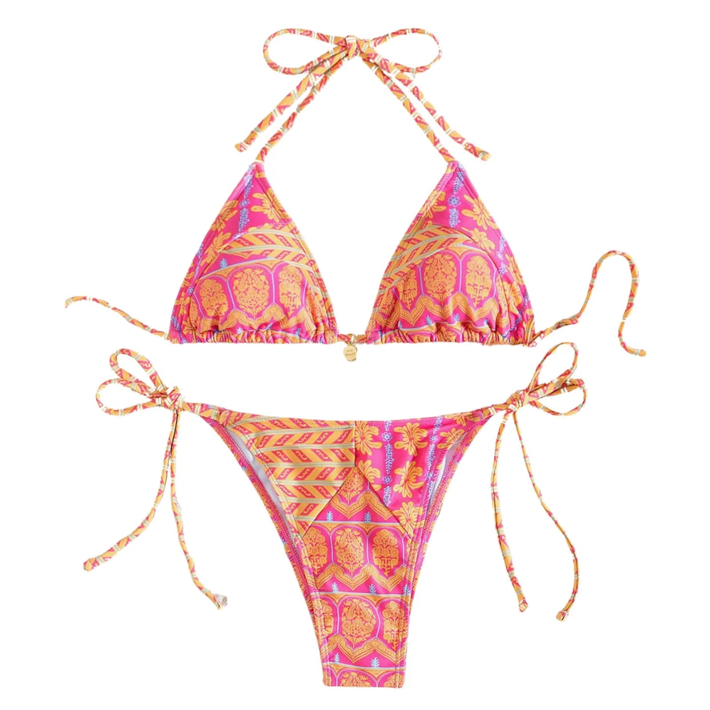 Women's Bikini Sets Two Piece Swimsuits Floral Print Sexy Triangle Bikinis Bohemian Style Halter Neck Strap Swimsuit Bathing Set