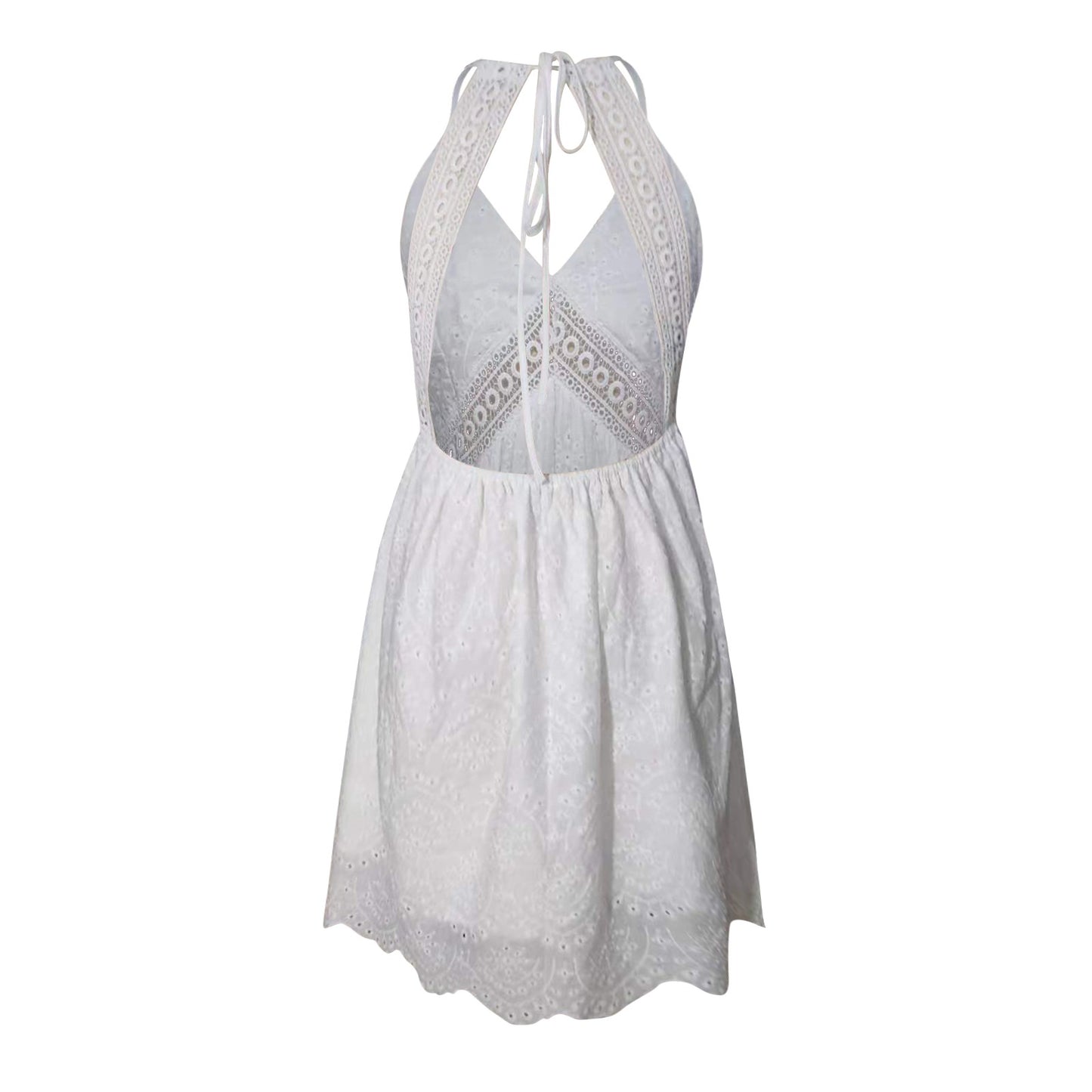 Women's White Dress Lace V Neck Spaghetti Strap Dress Embroidery Hollow Lace Lace Up Dress Summer Bohemian Beach Sundress Robe