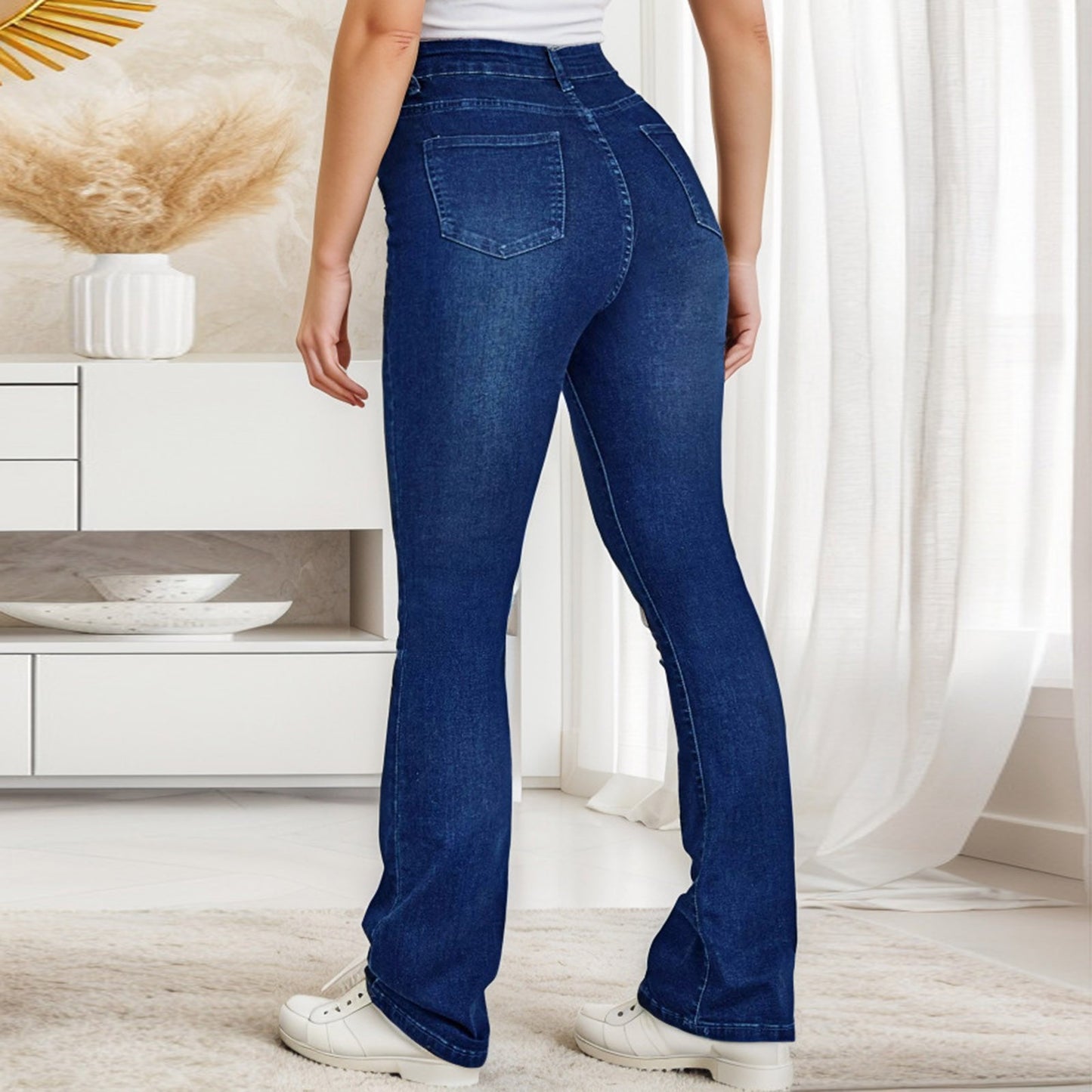 Women'S Loose Denim Pants With Pocket Wide Leg Jeans High Waisted Stretchy Straight Leg Jeans Buttoned Trousers Pantalones