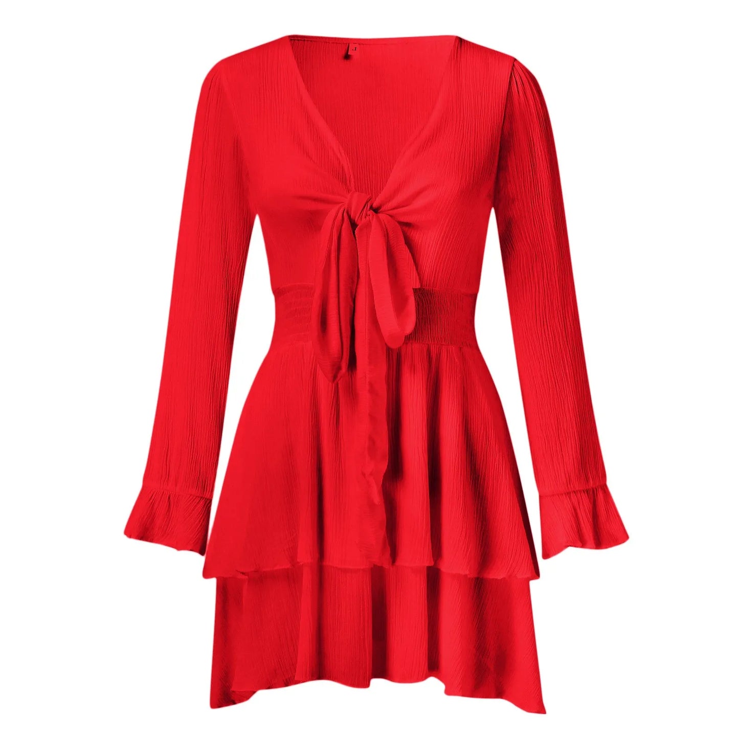 Womens Summer Fall Dress Sexy Lace-Up Deep V Neck Long Puff Sleeve Waist Tierred Flounced Edge Short Dress Loose Elegant Dress