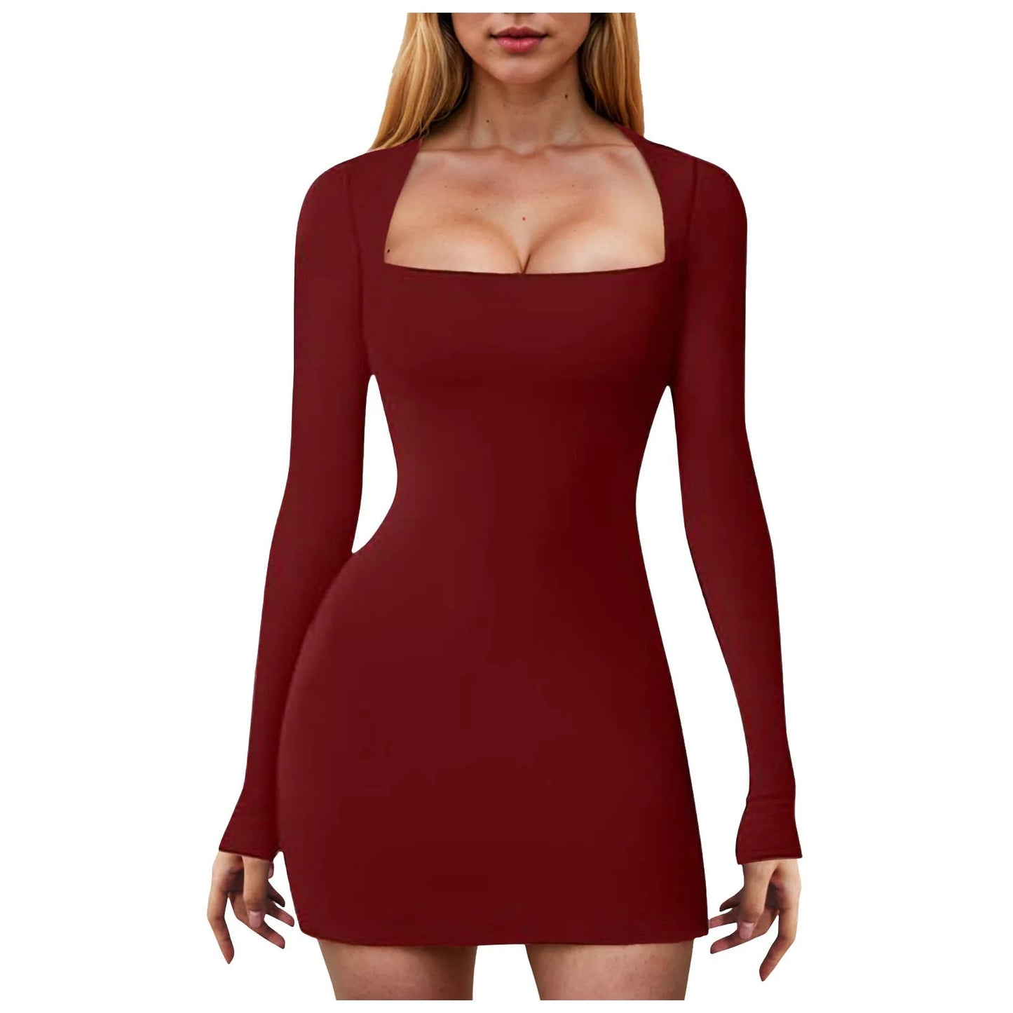 Women Long Sleeve Square Neck Wrap Hip Dress Sexy Low Cut Bodycon Tight Party Club Night Short Dress Going Out Outfits Dress