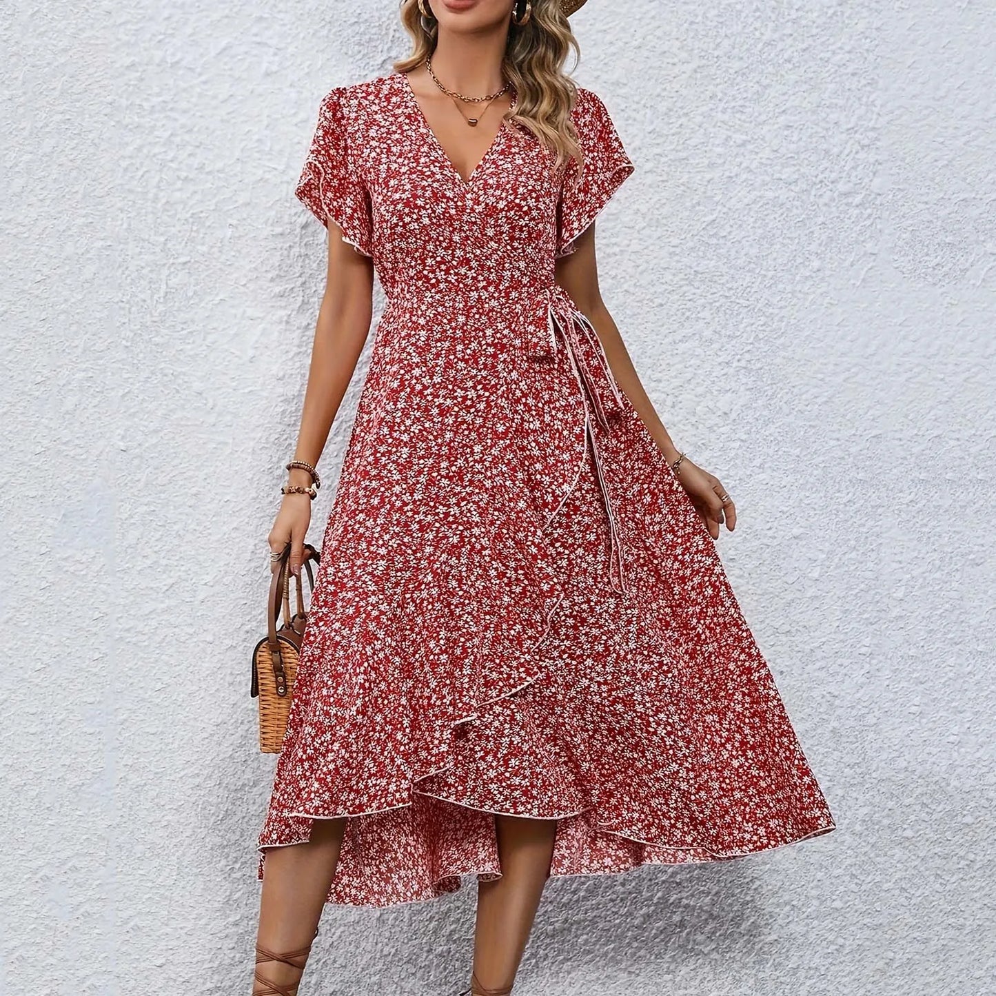 Women's Flowy Split Midi Floral Wrap Dress Summer