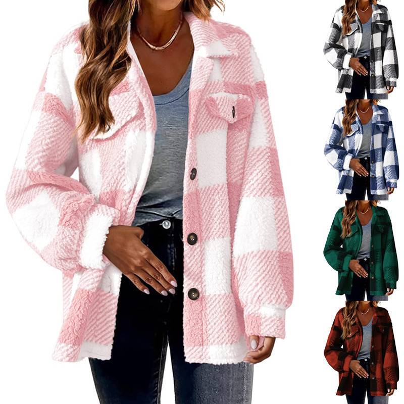 Women's 2024 new Amazon autumn and winter plaid lambskin jacket with pockets button plush coat