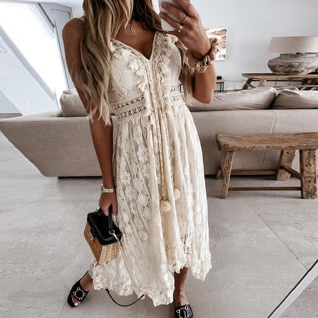 2021 Summer Elegant Tassel V Neck Women Long Dress Fashion Sleeveless Strap Party Dress Sexy Hollow Out Crochet Lace Beach Dress