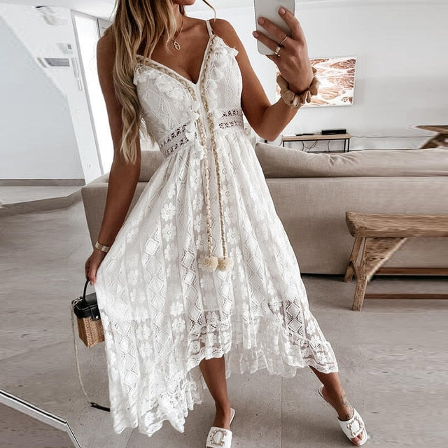 2021 Summer Elegant Tassel V Neck Women Long Dress Fashion Sleeveless Strap Party Dress Sexy Hollow Out Crochet Lace Beach Dress