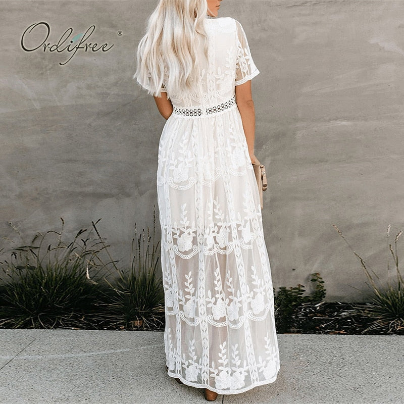 Ordifree 2022 Summer Boho Women Maxi Dress Loose Embroidery White Lace Long Tunic Beach Dress Vacation Holiday Clothes