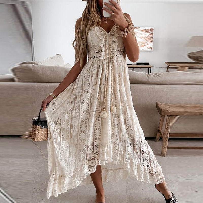 2021 Summer Elegant Tassel V Neck Women Long Dress Fashion Sleeveless Strap Party Dress Sexy Hollow Out Crochet Lace Beach Dress