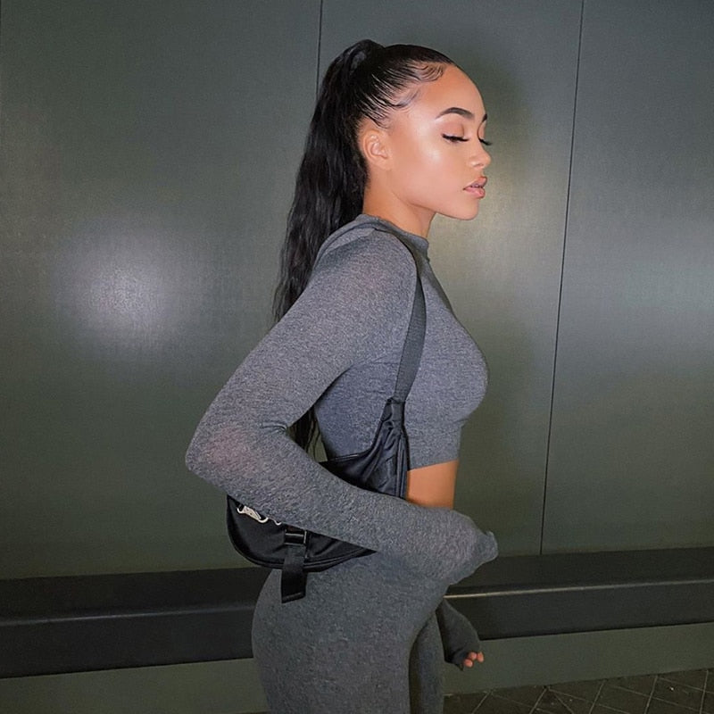 Tracksuit women turtleneck full sleeveless crop top+leggings